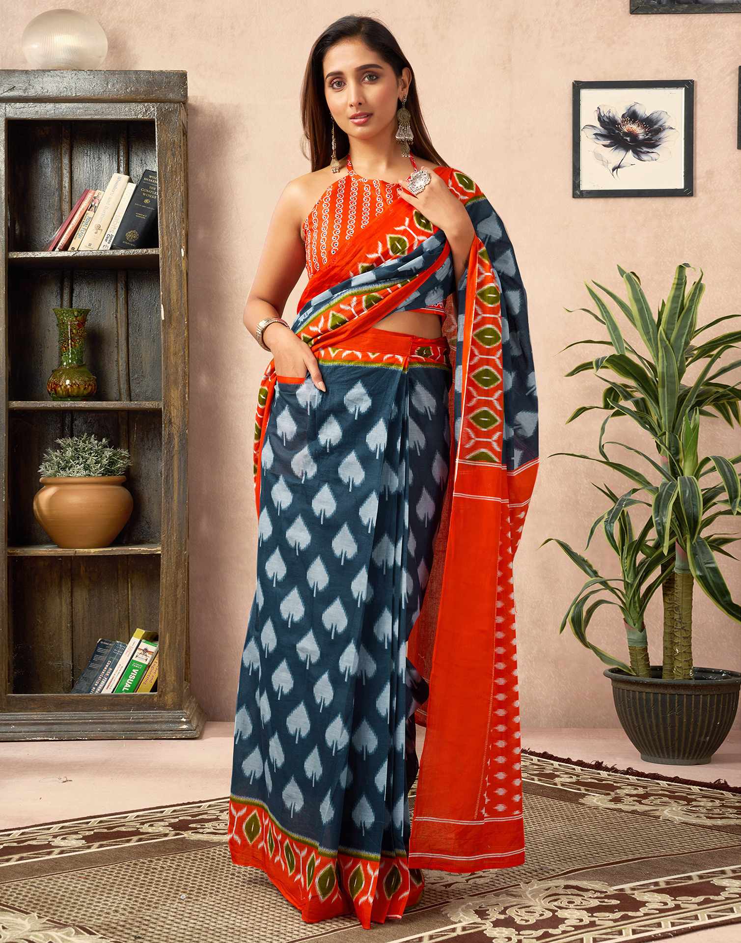 Ready To Wear Dusty Blue Cotton Printed Saree With Pocket