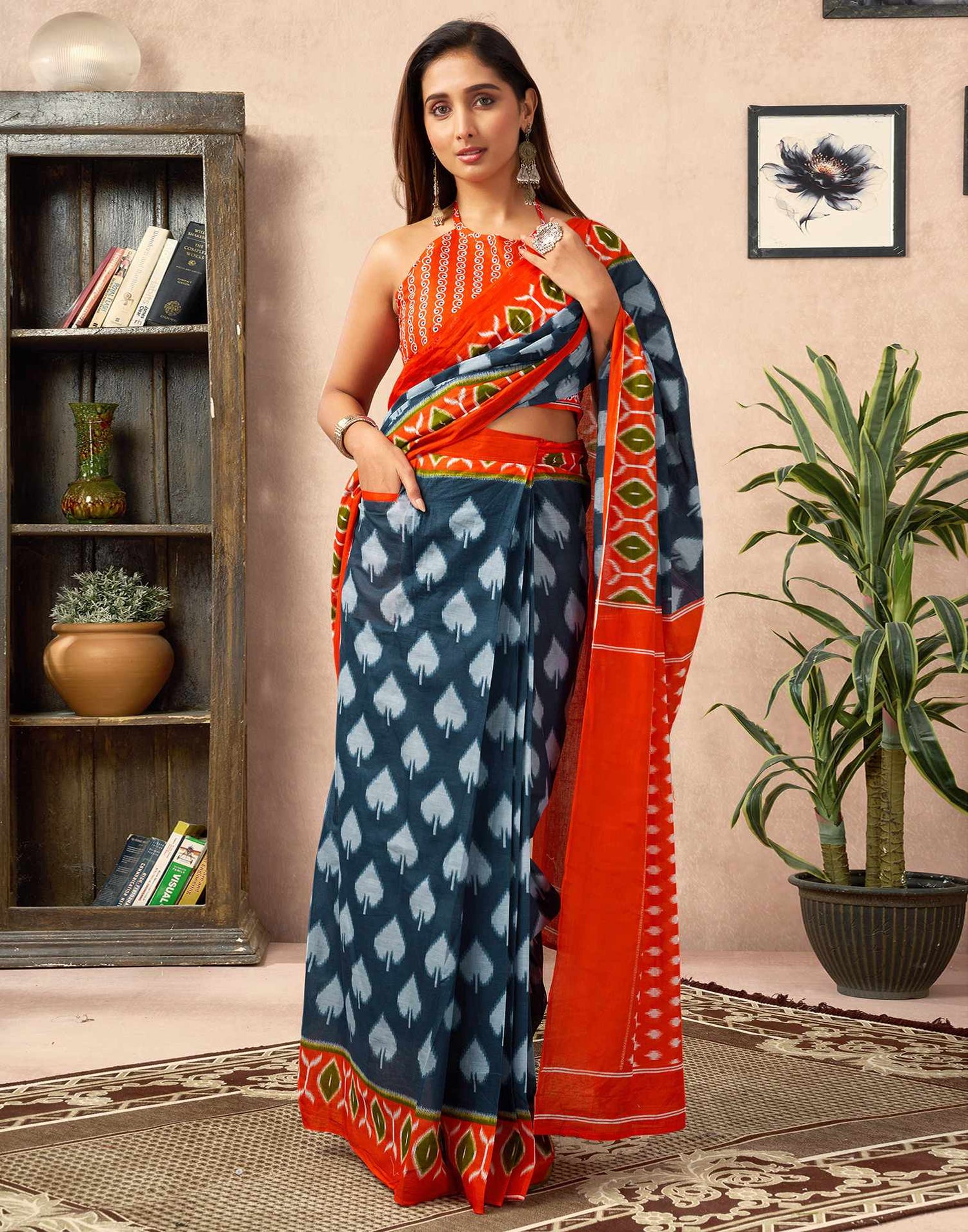 Ready To Wear Dusty Blue Cotton Printed Saree With Pocket