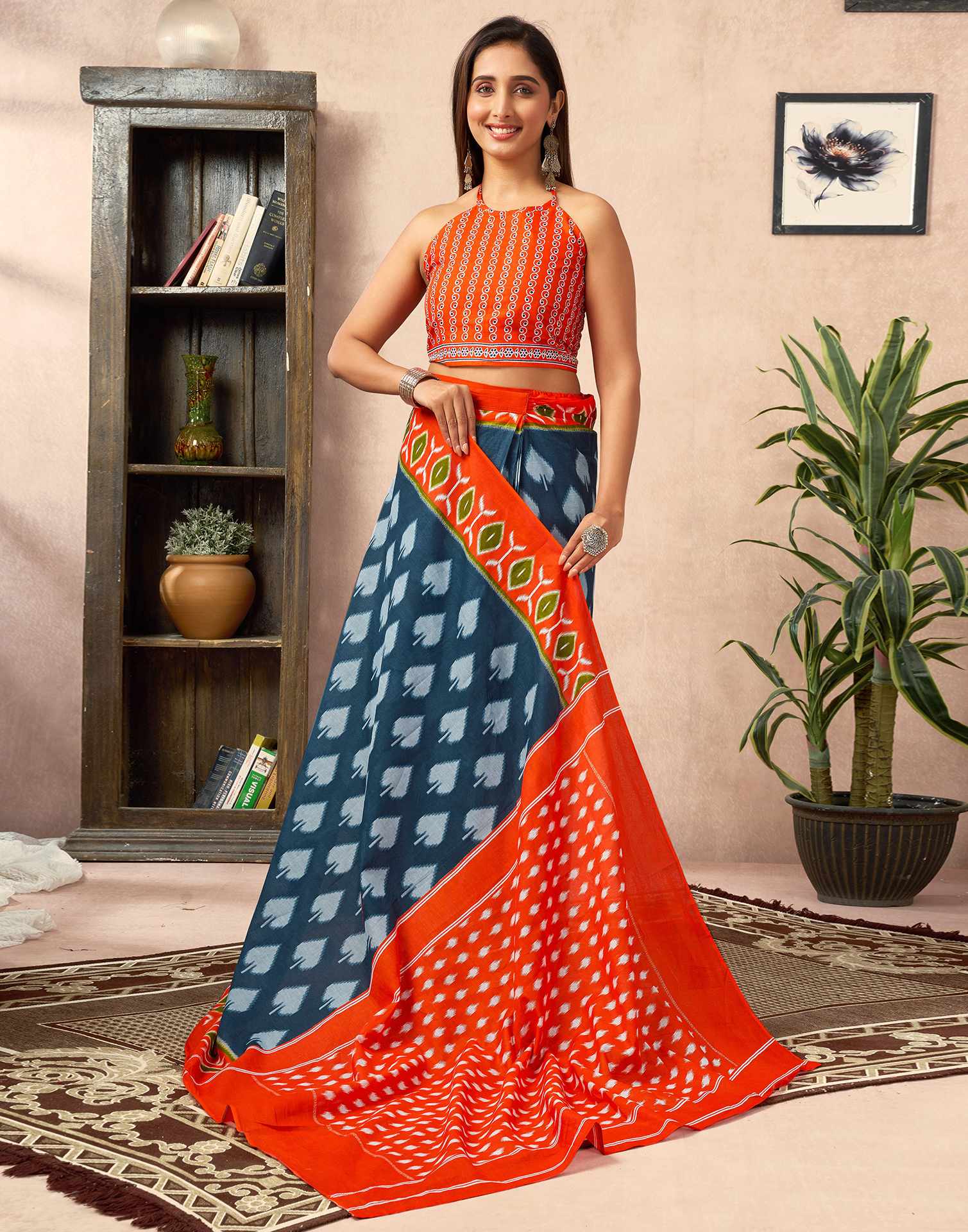 Ready To Wear Dusty Blue Cotton Printed Saree With Pocket