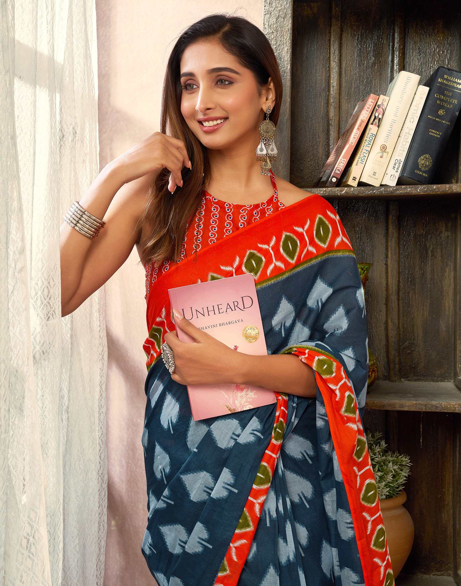 Ready To Wear Dusty Blue Cotton Printed Saree With Pocket