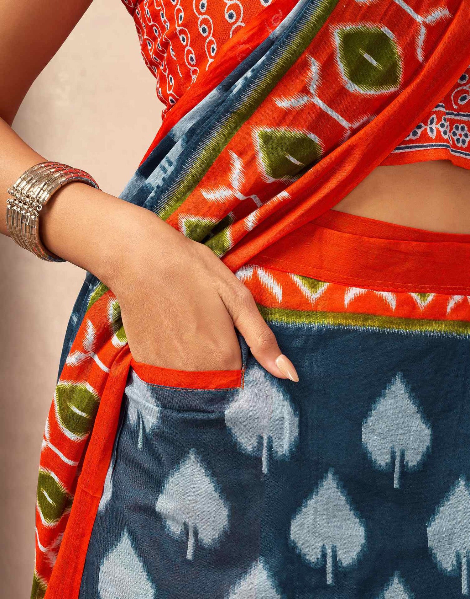 Ready To Wear Dusty Blue Cotton Printed Saree With Pocket