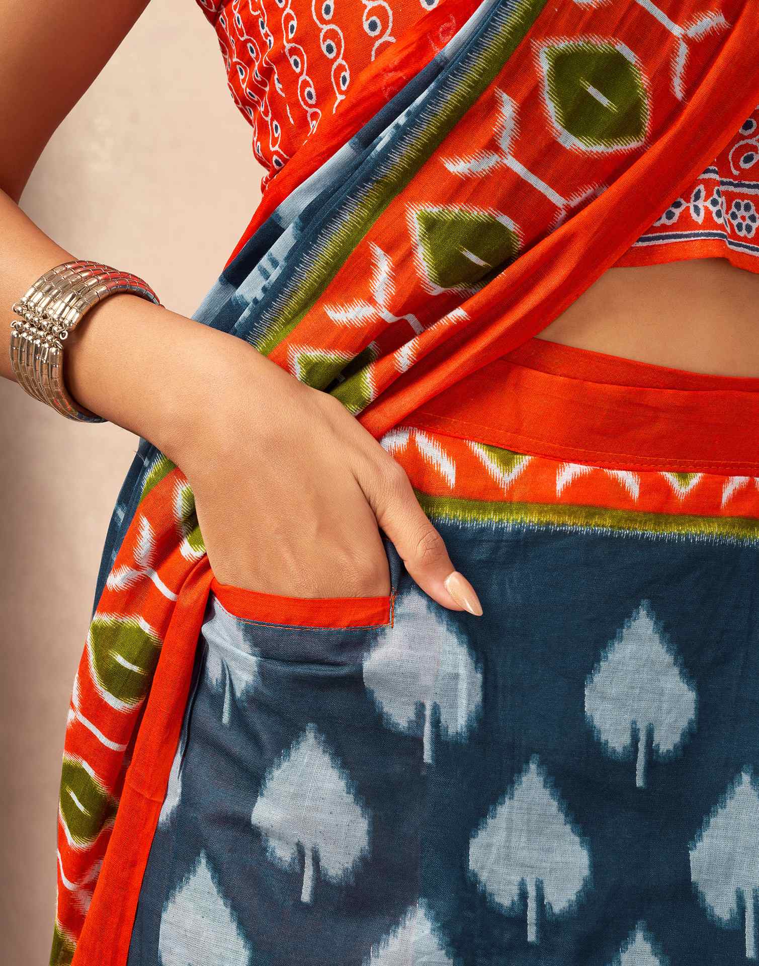 Ready To Wear Dusty Blue Cotton Printed Saree With Pocket