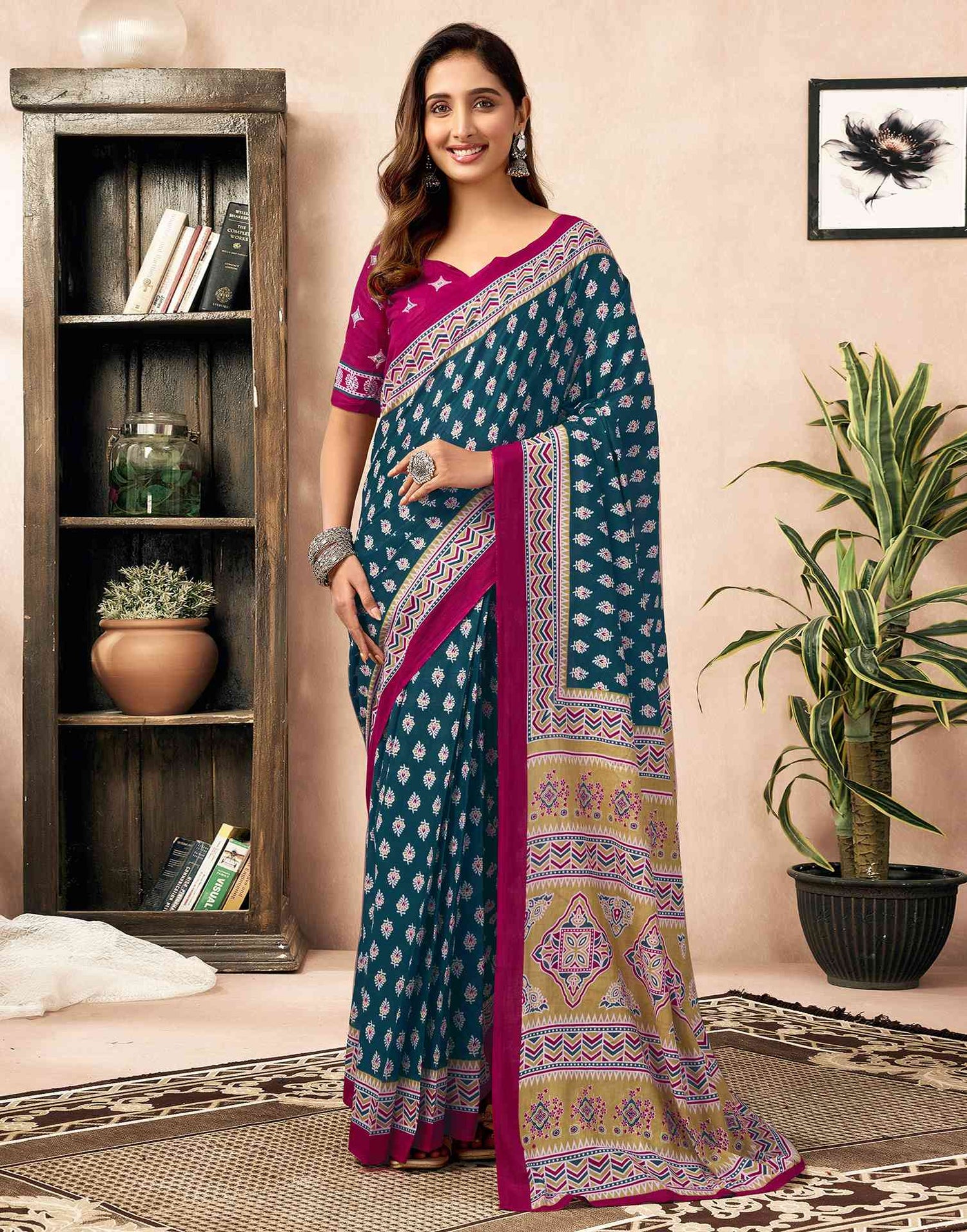 Ready To Wear Rama Blue Cotton Printed Saree
