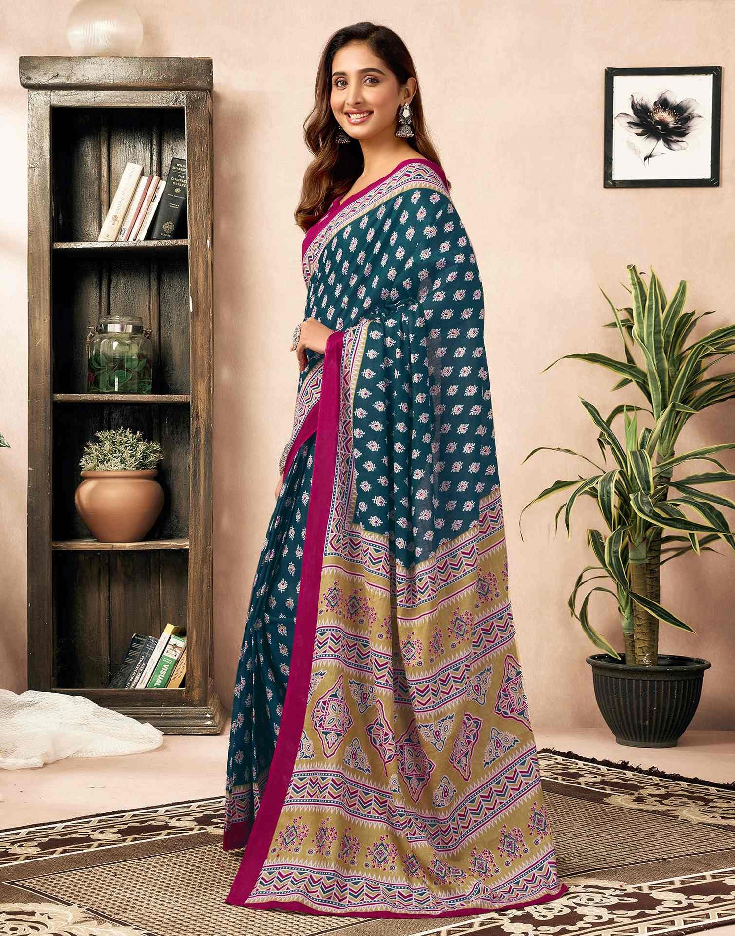 Ready To Wear Rama Blue Cotton Printed Saree