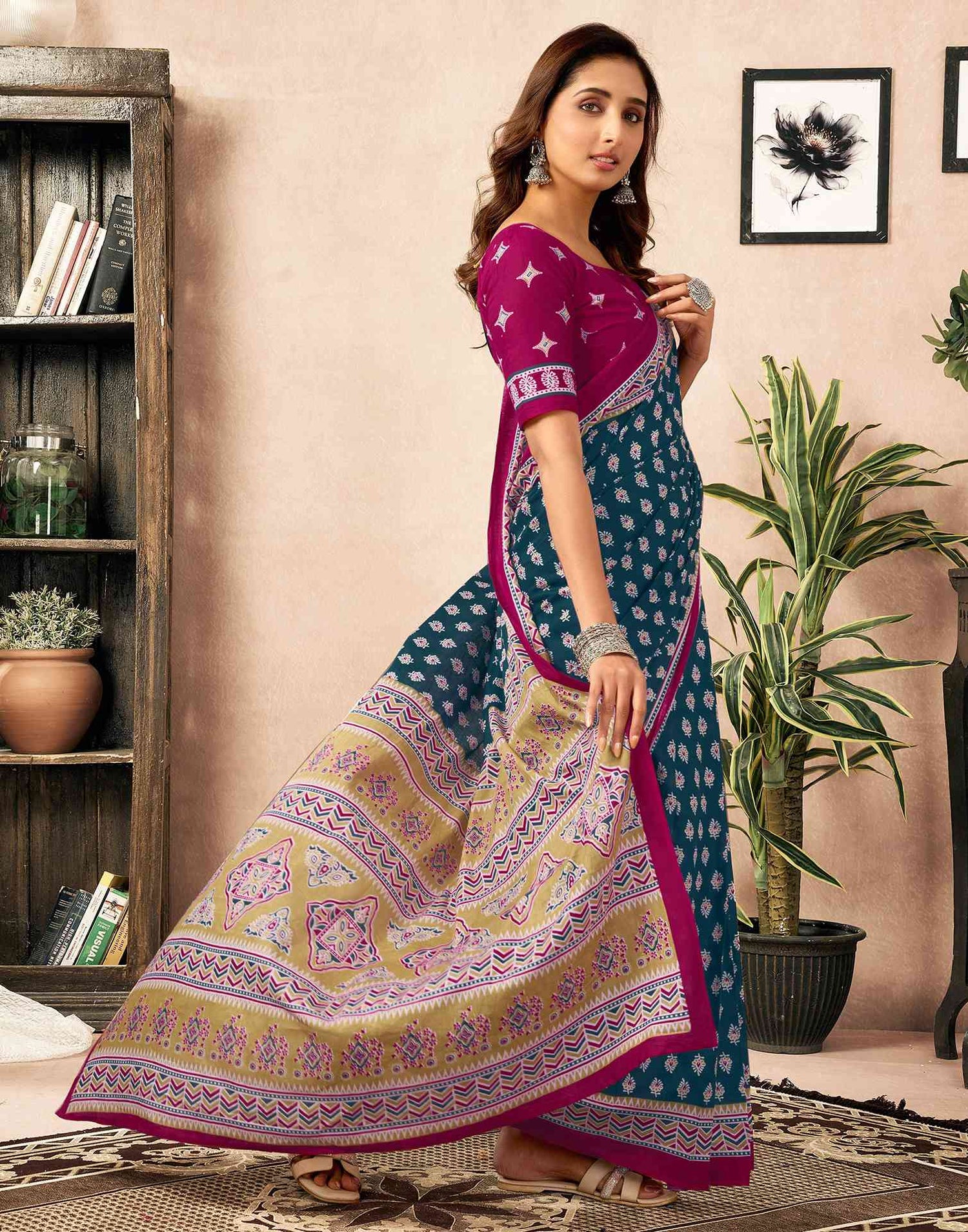Ready To Wear Rama Blue Cotton Printed Saree