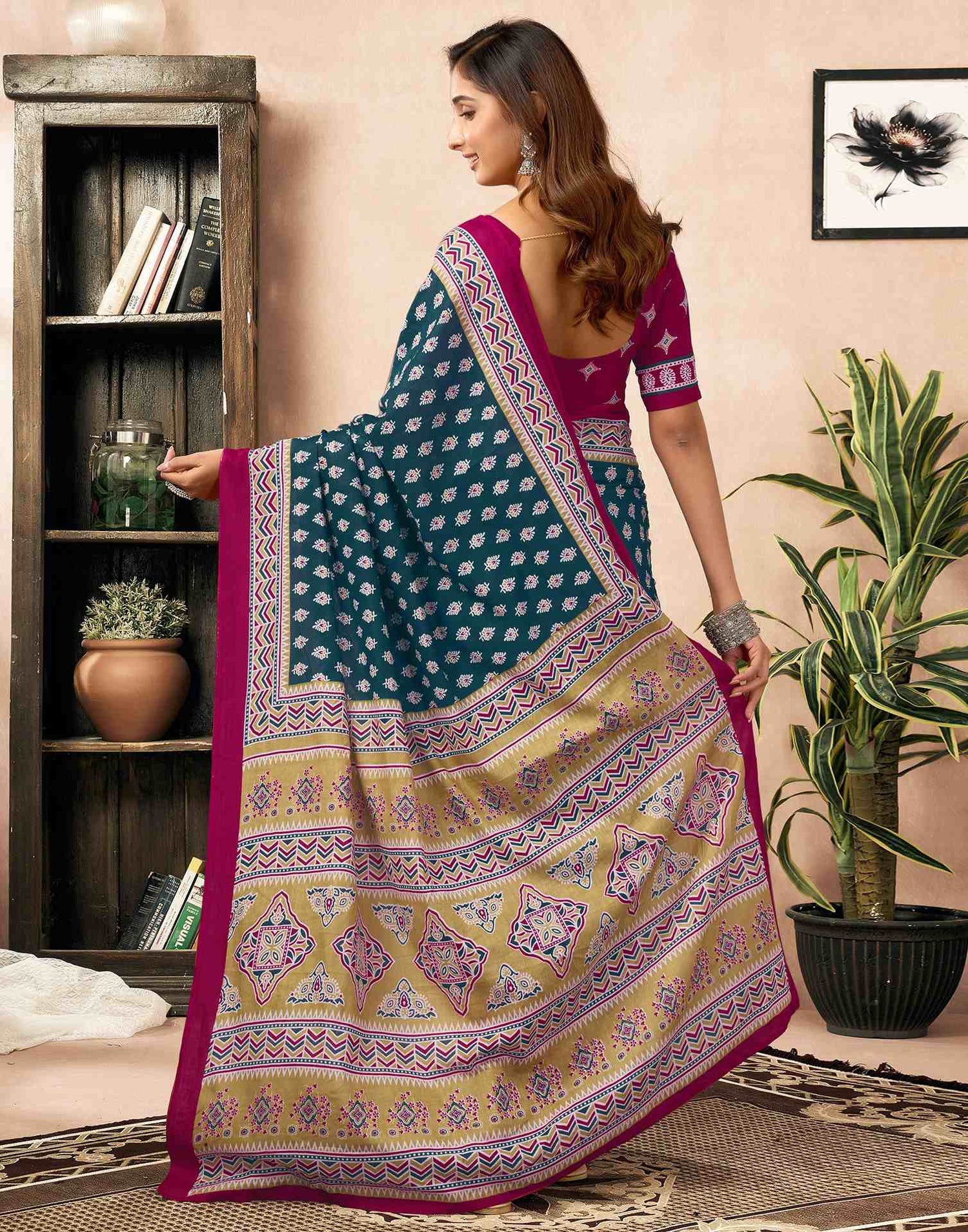 Ready To Wear Rama Blue Cotton Printed Saree