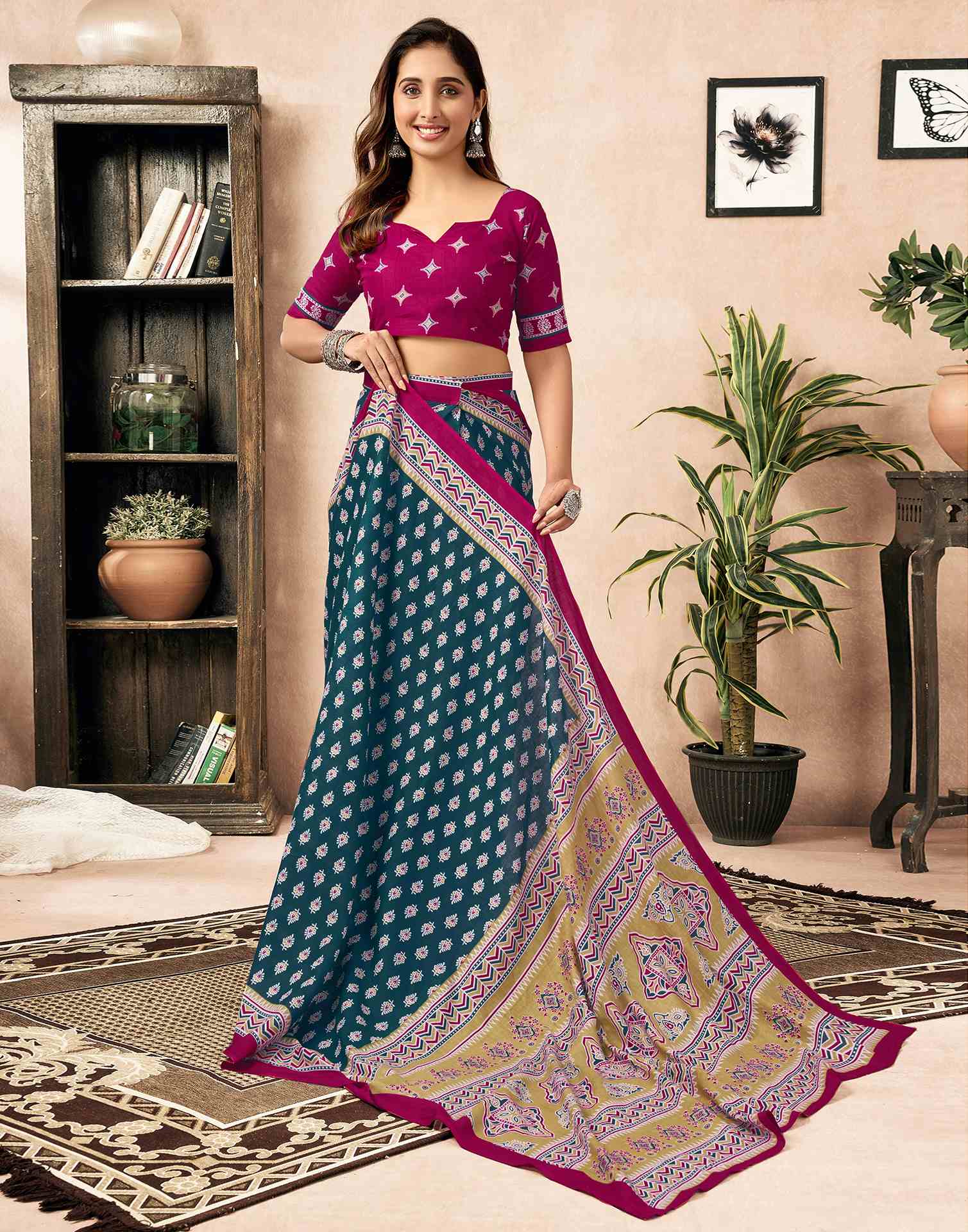 Ready To Wear Rama Blue Cotton Printed Saree