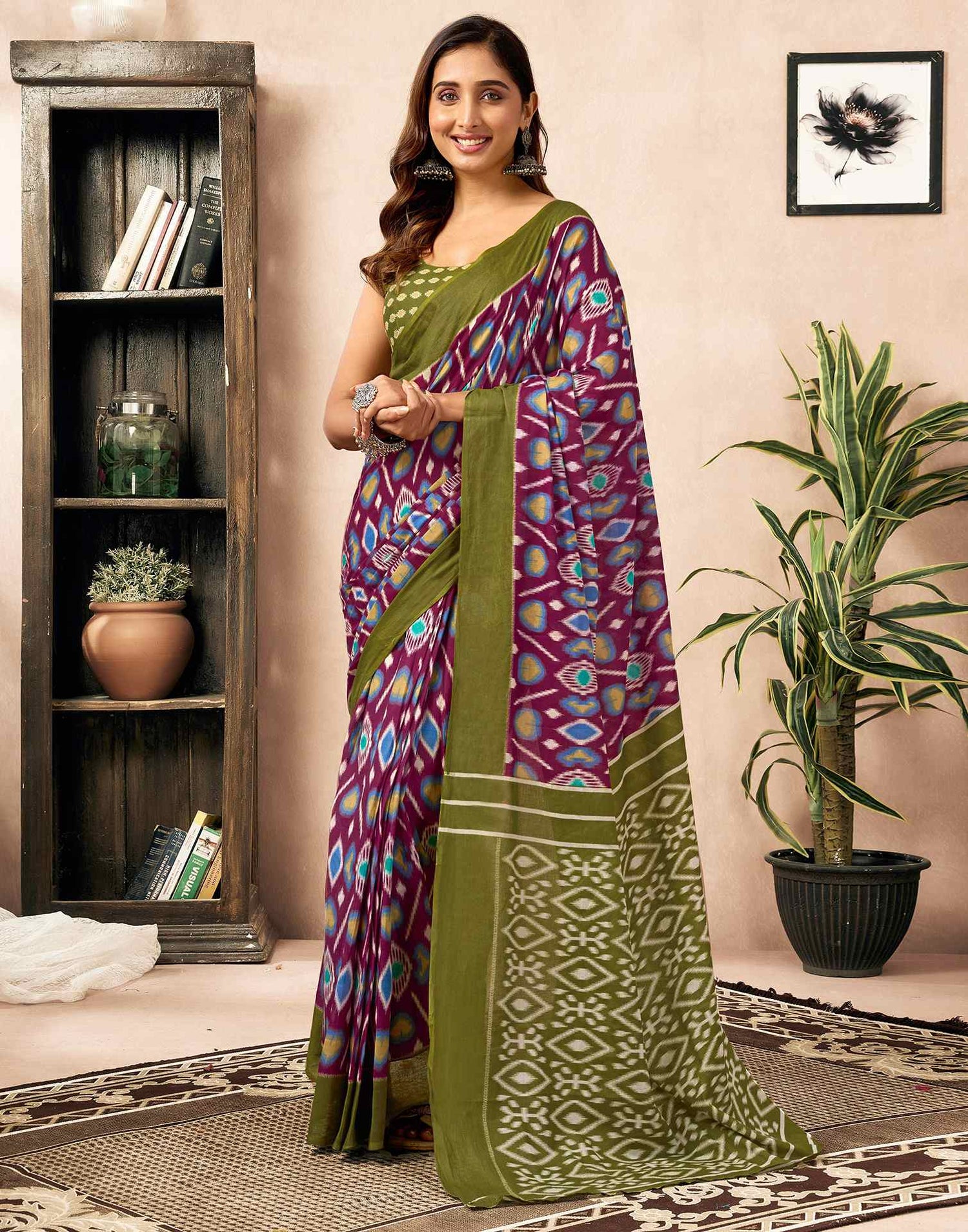 Ready To Wear Wine Cotton Printed Saree