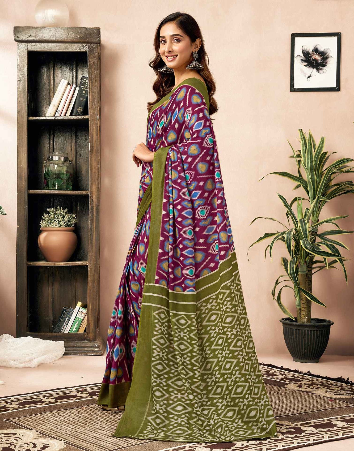 Ready To Wear Wine Cotton Printed Saree