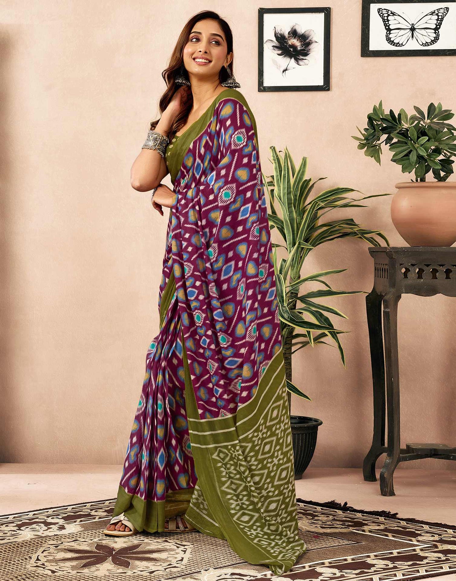 Ready To Wear Wine Cotton Printed Saree