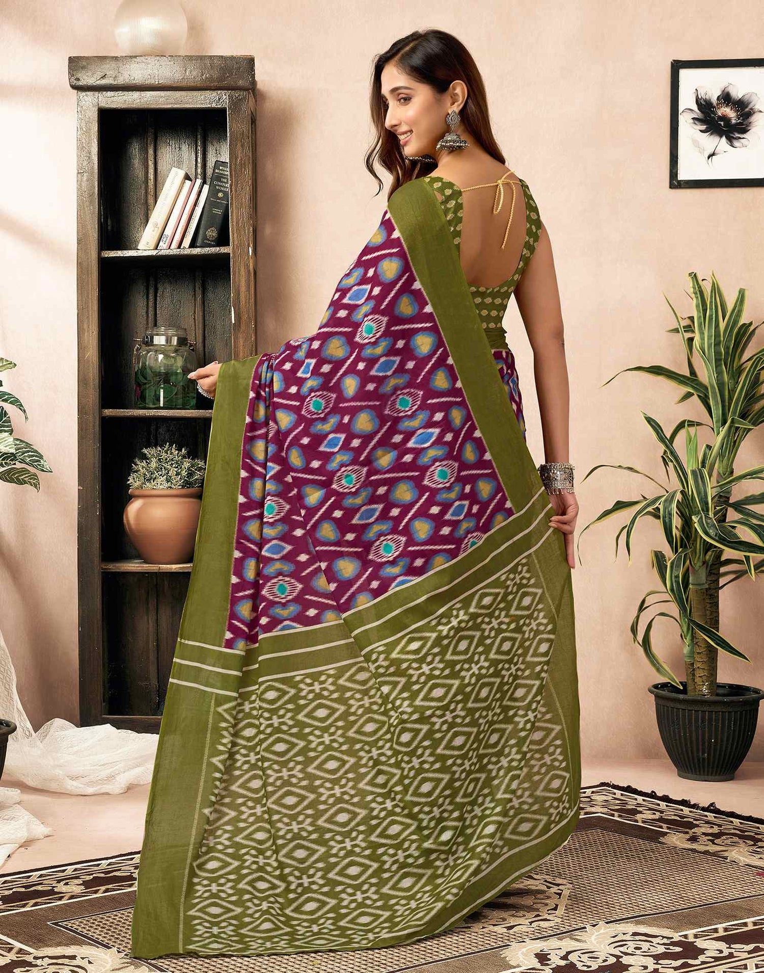 Ready To Wear Wine Cotton Printed Saree