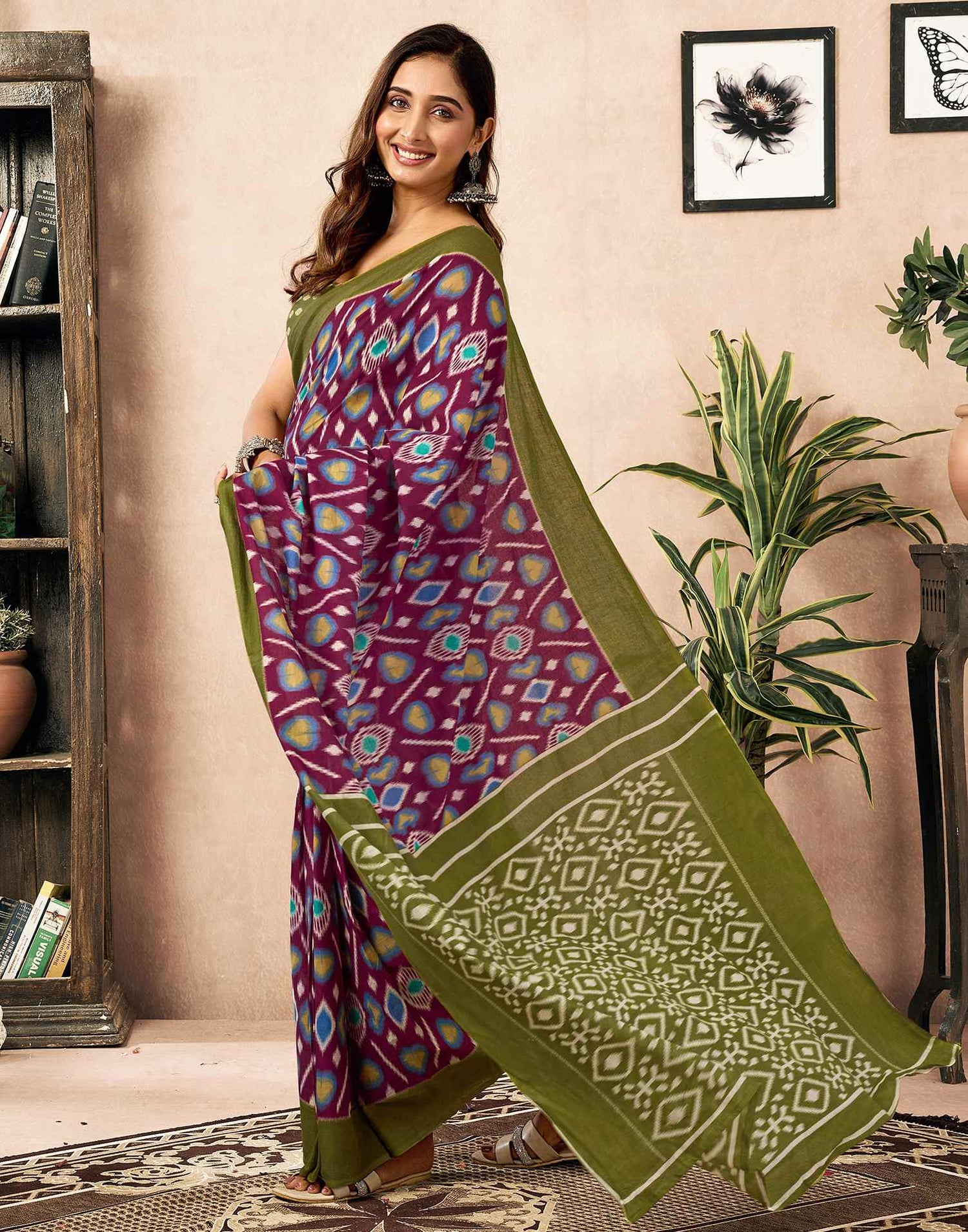 Ready To Wear Wine Cotton Printed Saree