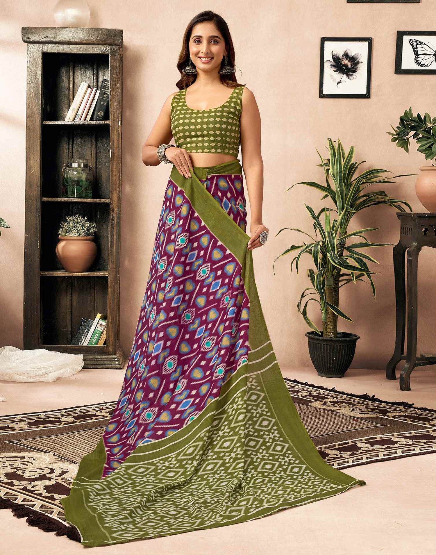 Ready To Wear Wine Cotton Printed Saree