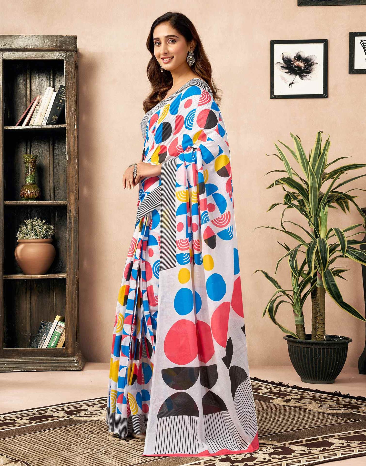 Ready To Wear White Cotton Printed Saree With Pocket