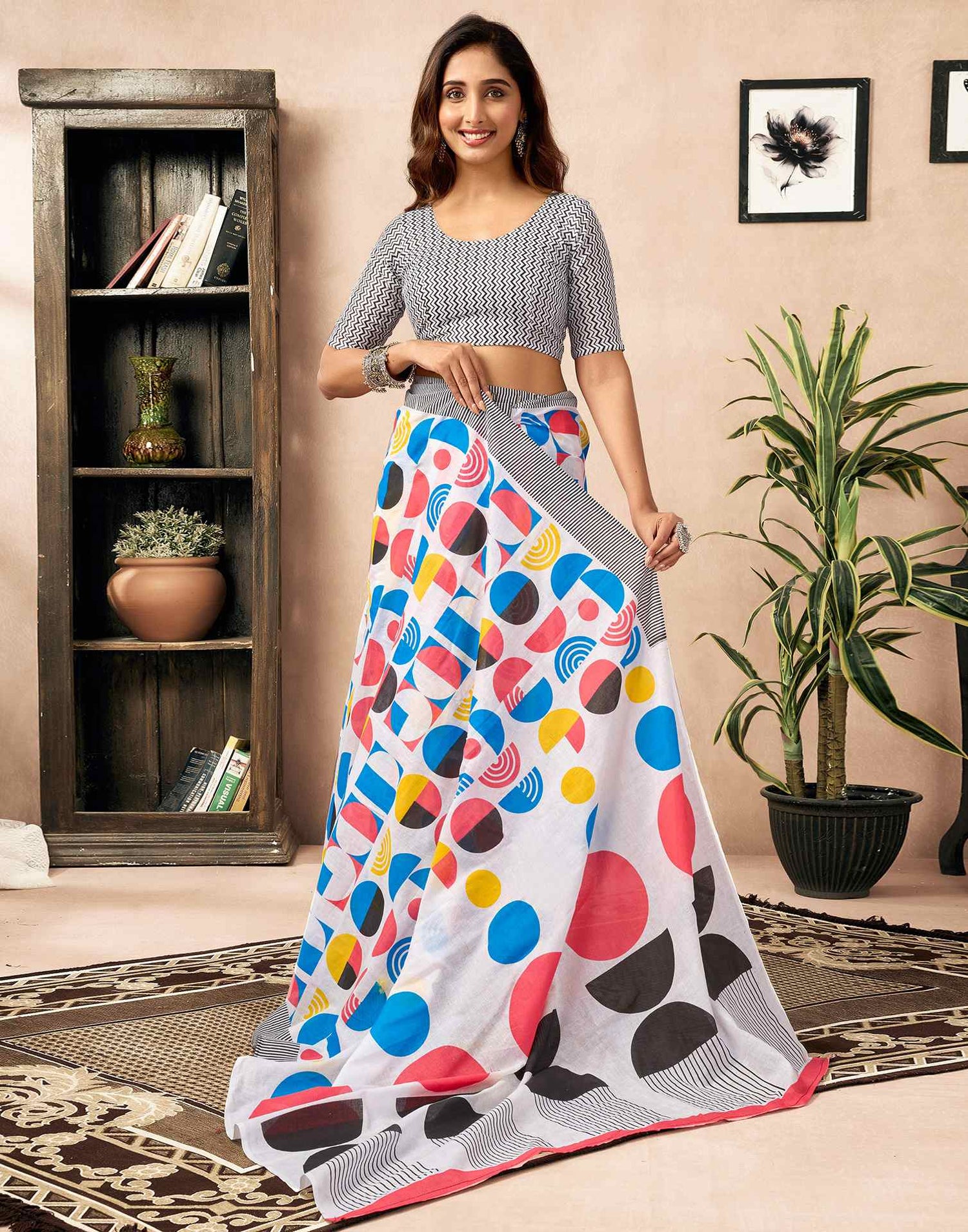 Ready To Wear White Cotton Printed Saree With Pocket