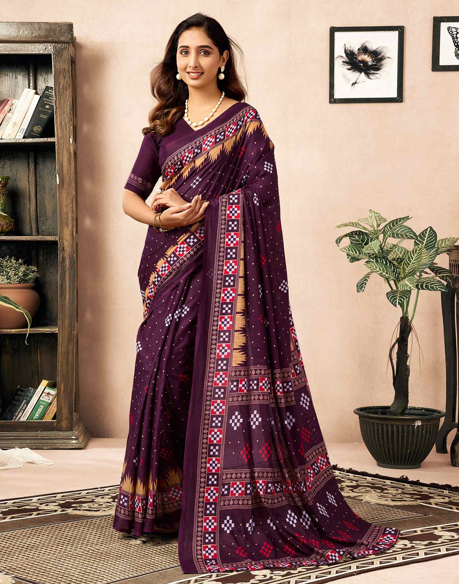 Ready To Wear Wine Cotton Printed Saree