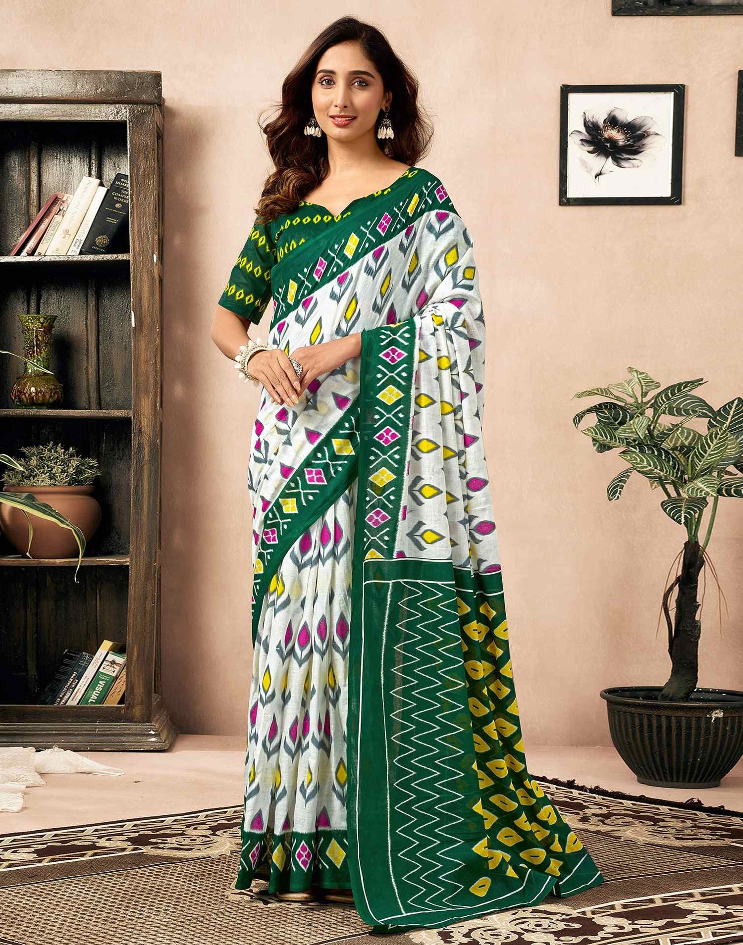 Ready To Wear Off White Cotton Ikkat Printed Saree