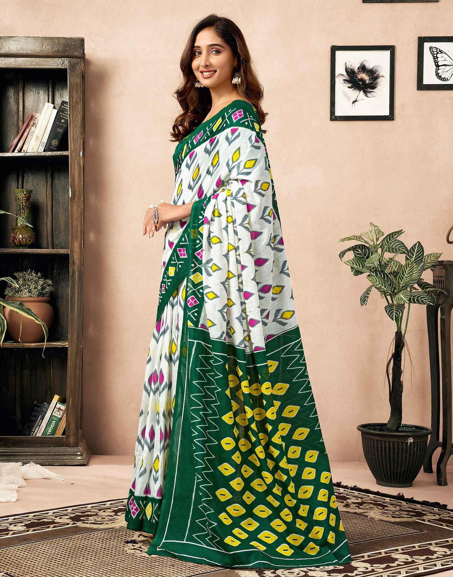 Ready To Wear Off White Cotton Ikkat Printed Saree