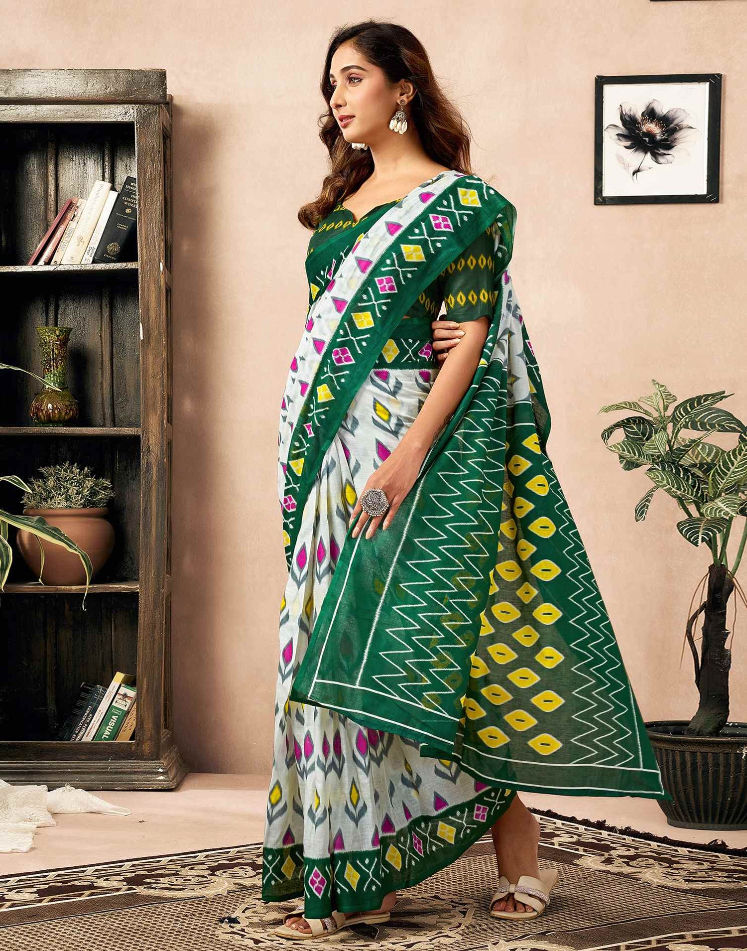 Ready To Wear Off White Cotton Ikkat Printed Saree