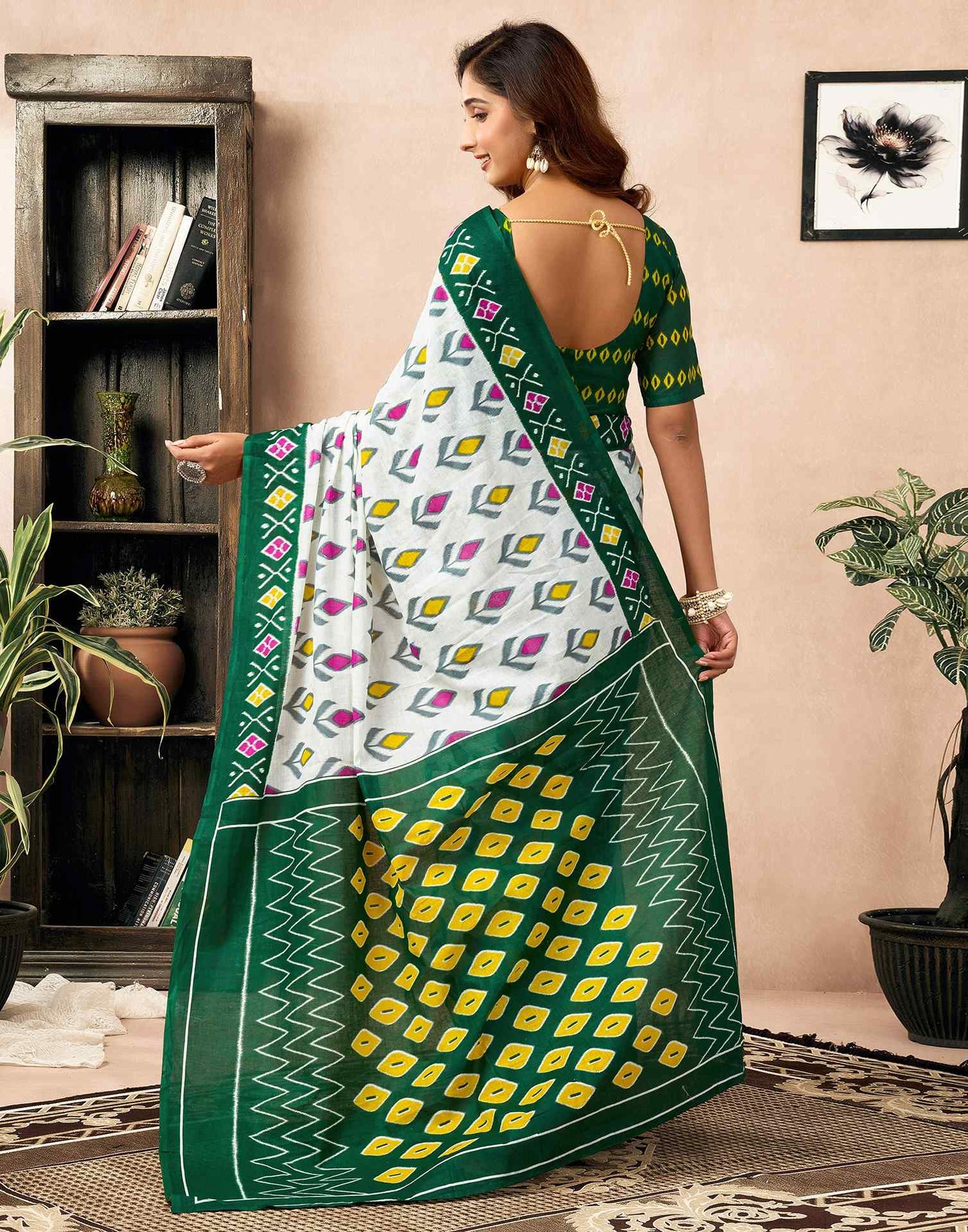 Ready To Wear Off White Cotton Ikkat Printed Saree