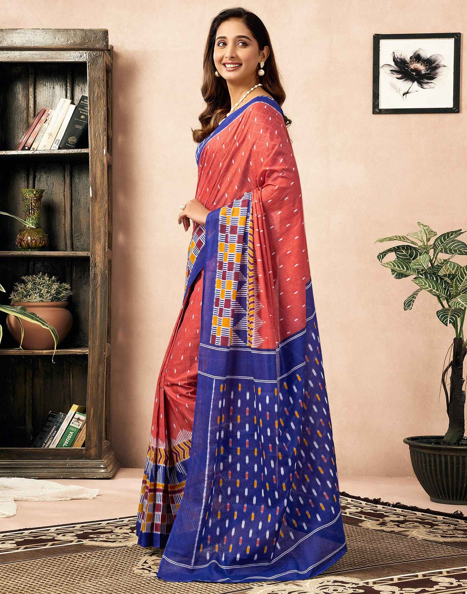 Ready To Wear Dusty Orange Cotton Printed Saree