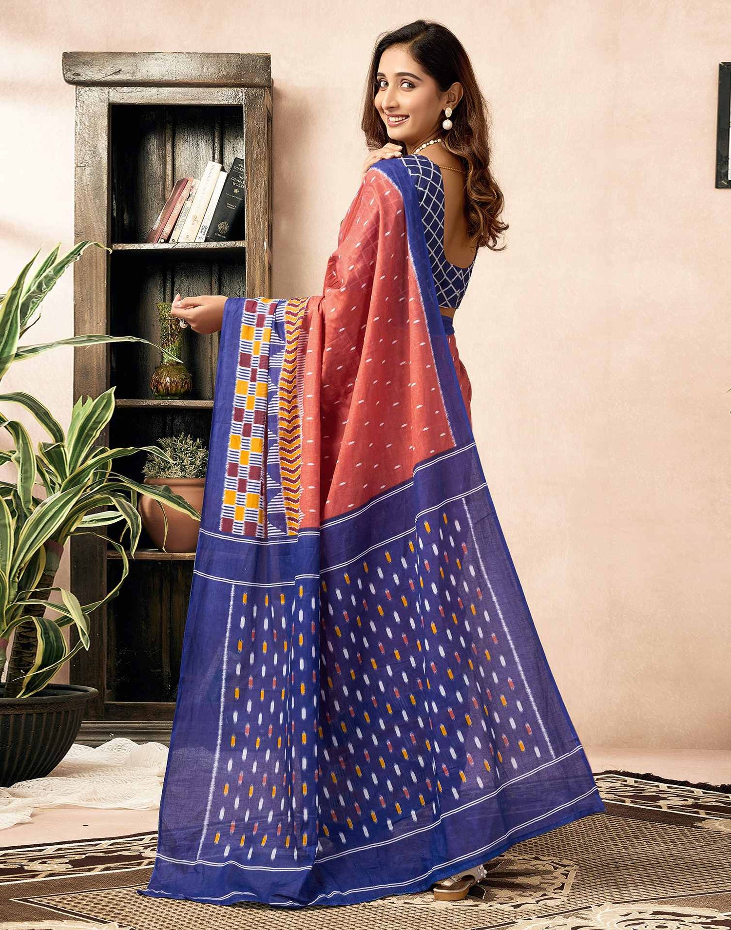 Ready To Wear Dusty Orange Cotton Printed Saree