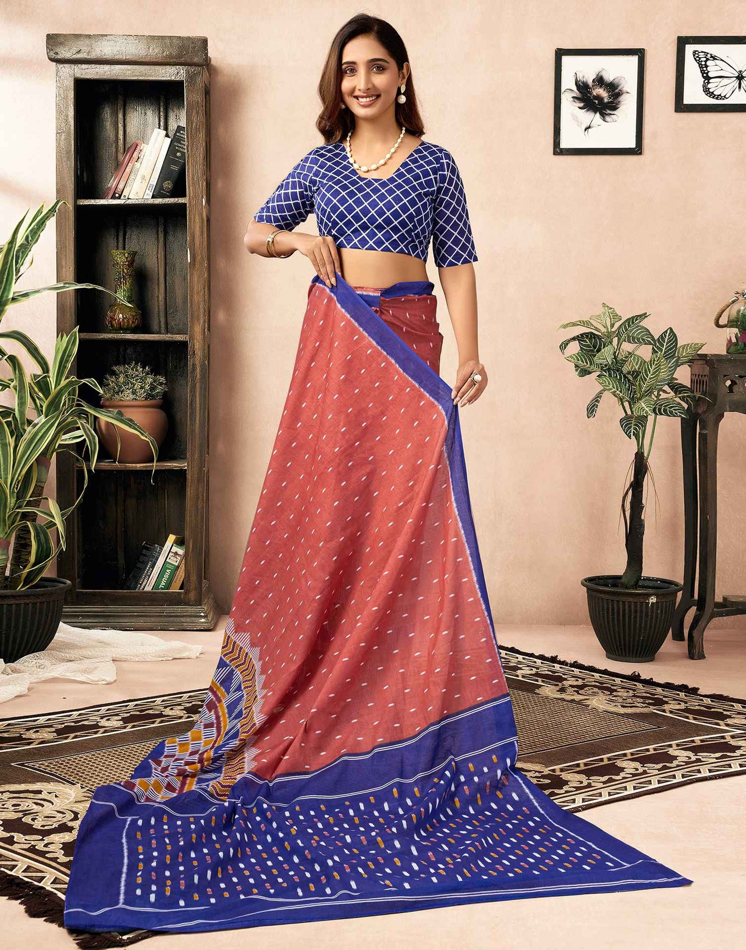 Ready To Wear Dusty Orange Cotton Printed Saree