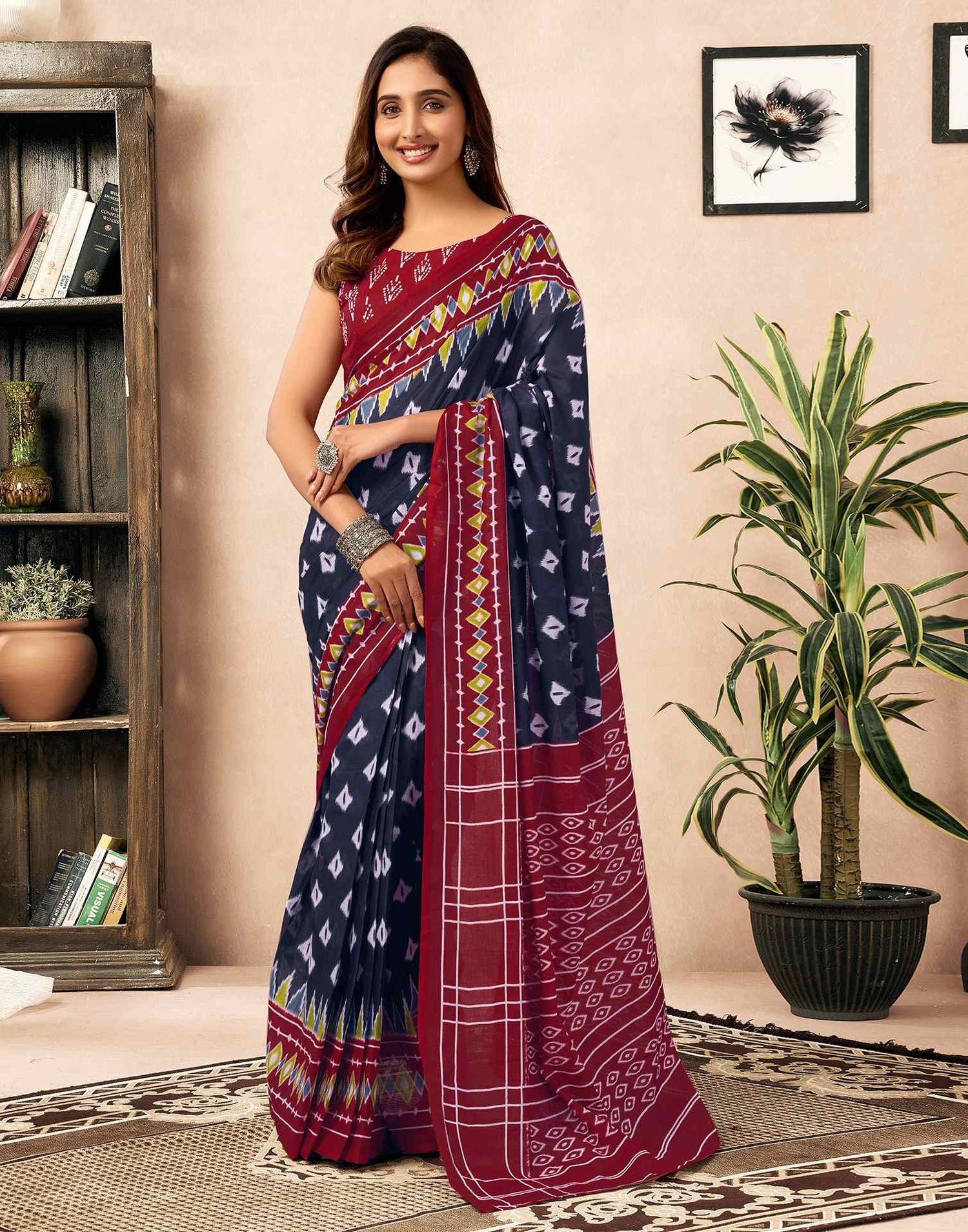 Ready To Wear Navy Blue Cotton Printed Saree