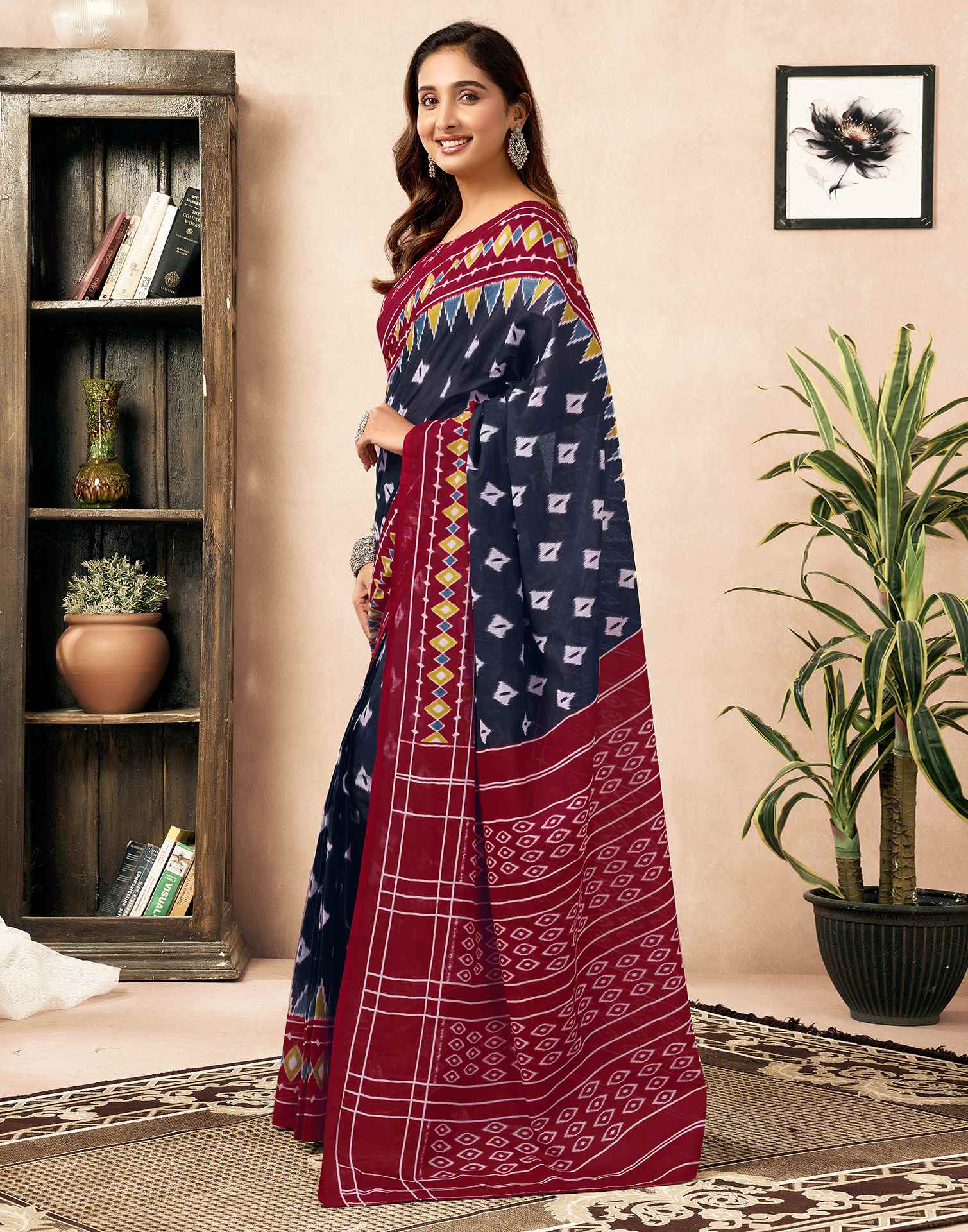 Ready To Wear Navy Blue Cotton Printed Saree