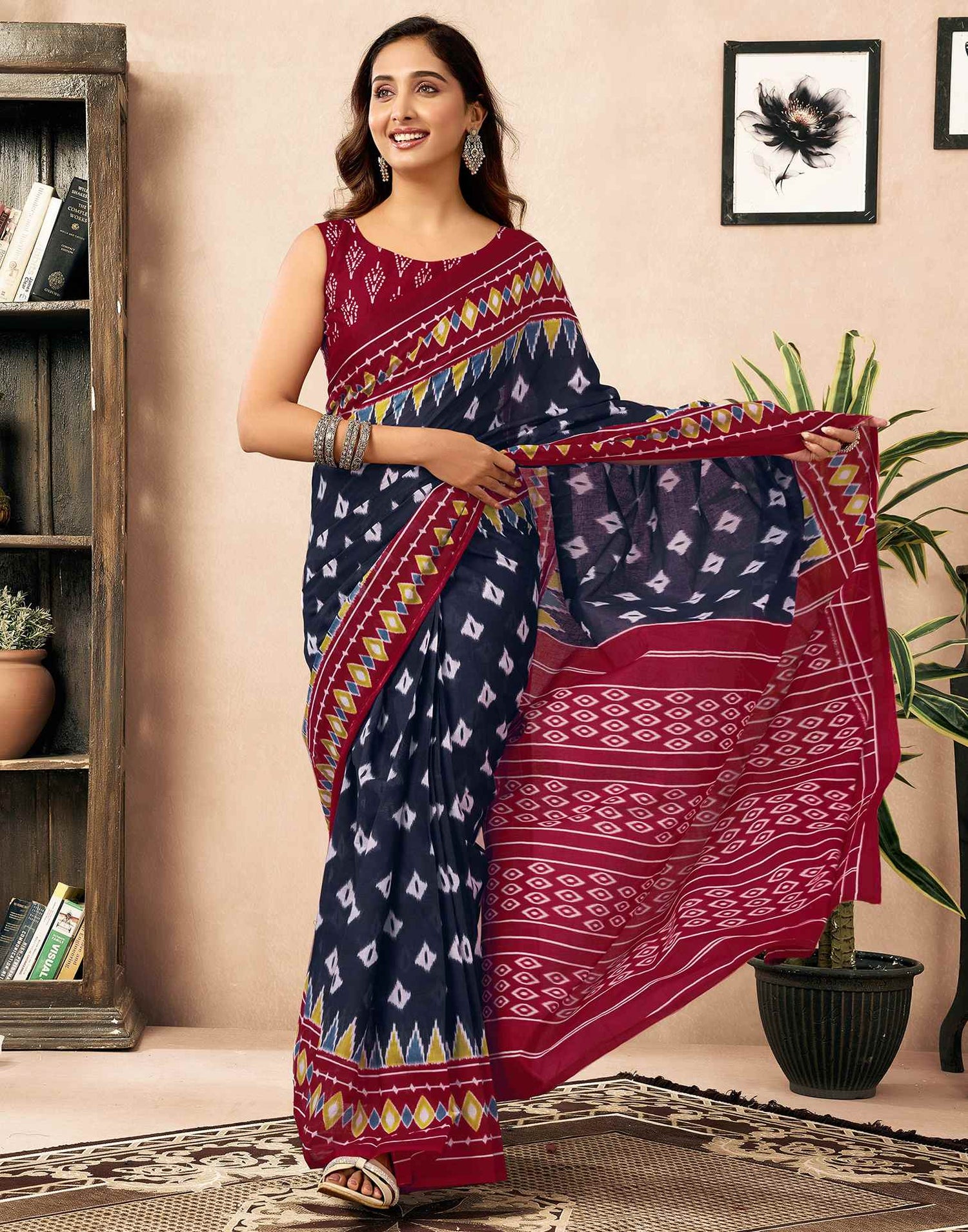 Ready To Wear Navy Blue Cotton Printed Saree