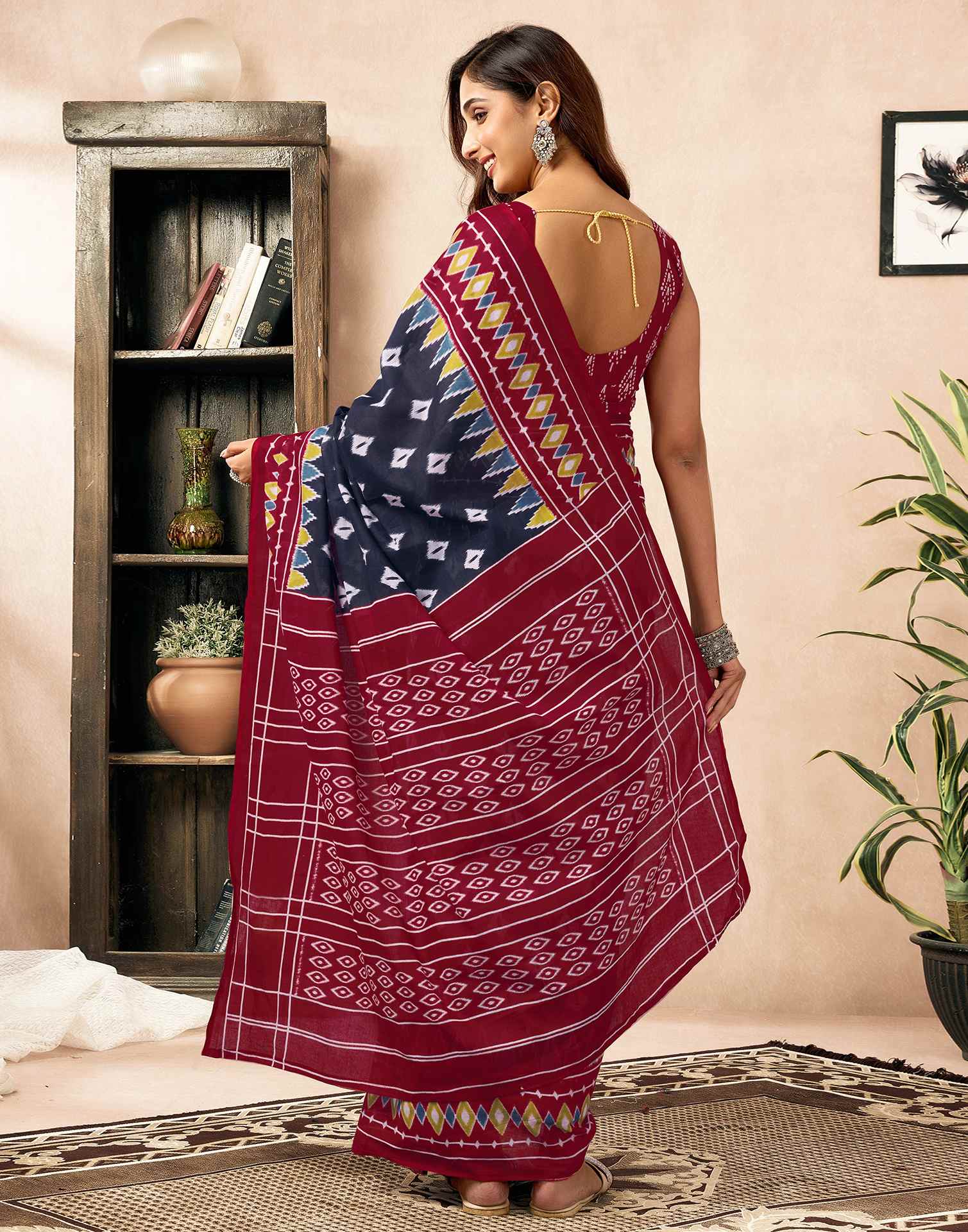 Ready To Wear Navy Blue Cotton Printed Saree