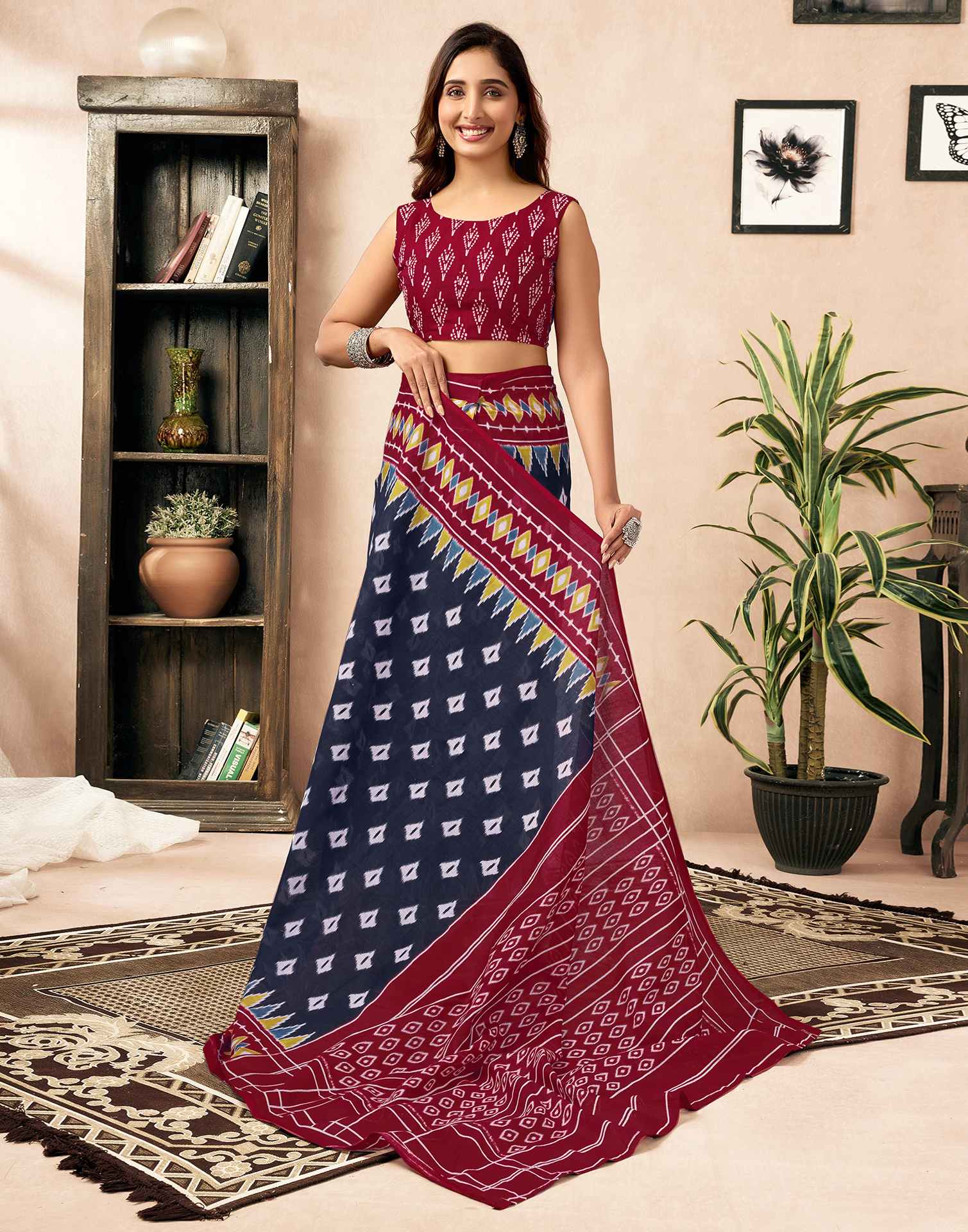 Ready To Wear Navy Blue Cotton Printed Saree