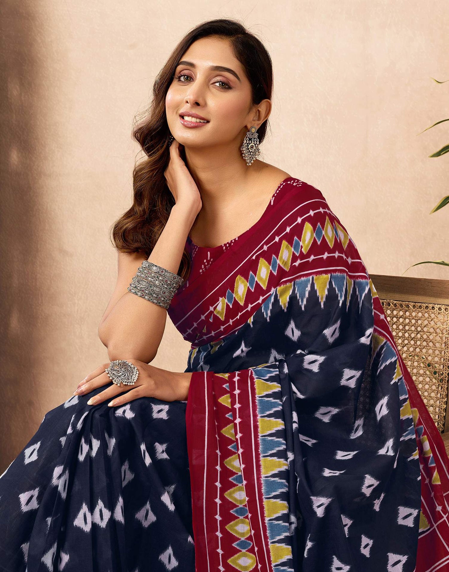 Ready To Wear Navy Blue Cotton Printed Saree