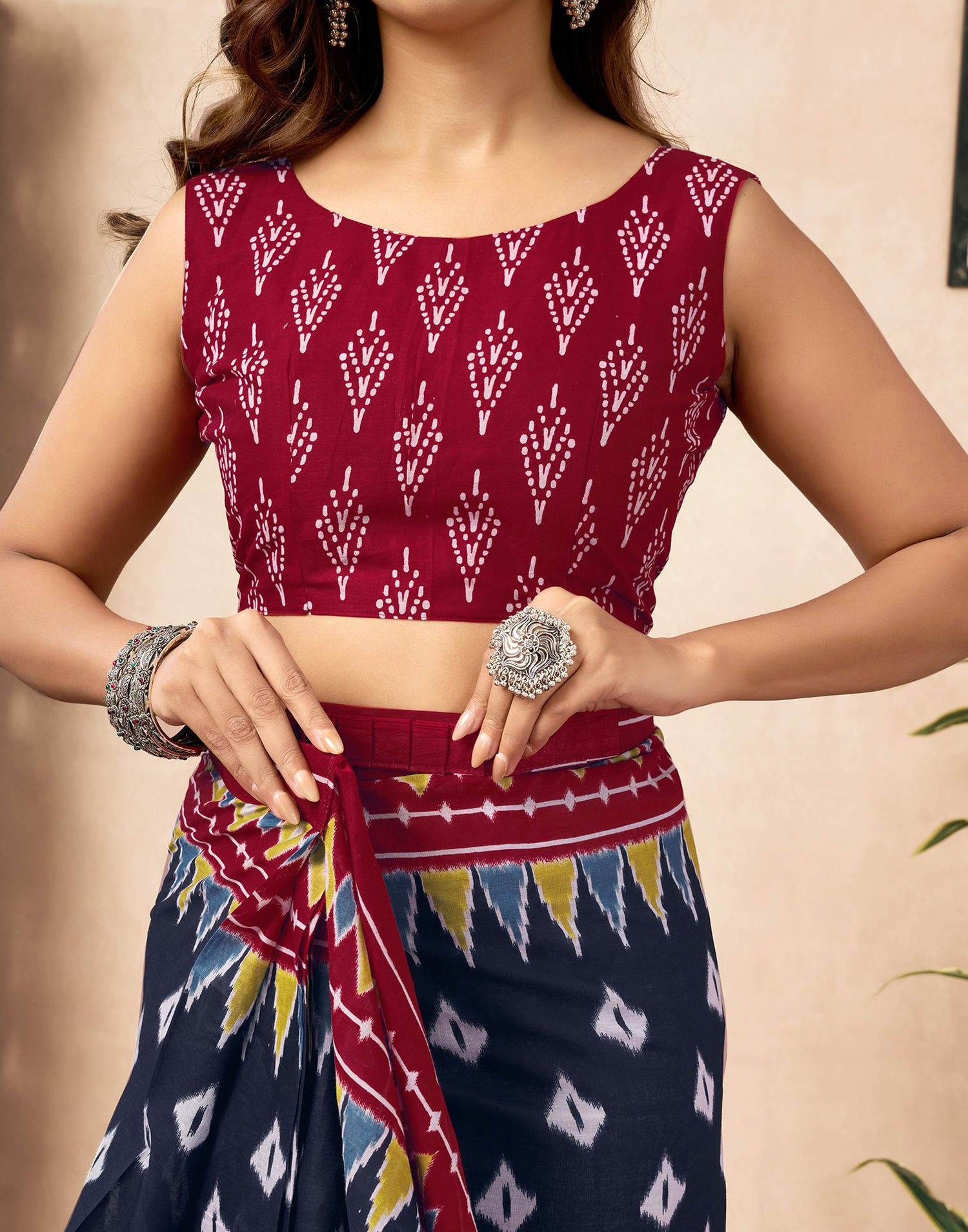 Ready To Wear Navy Blue Cotton Printed Saree