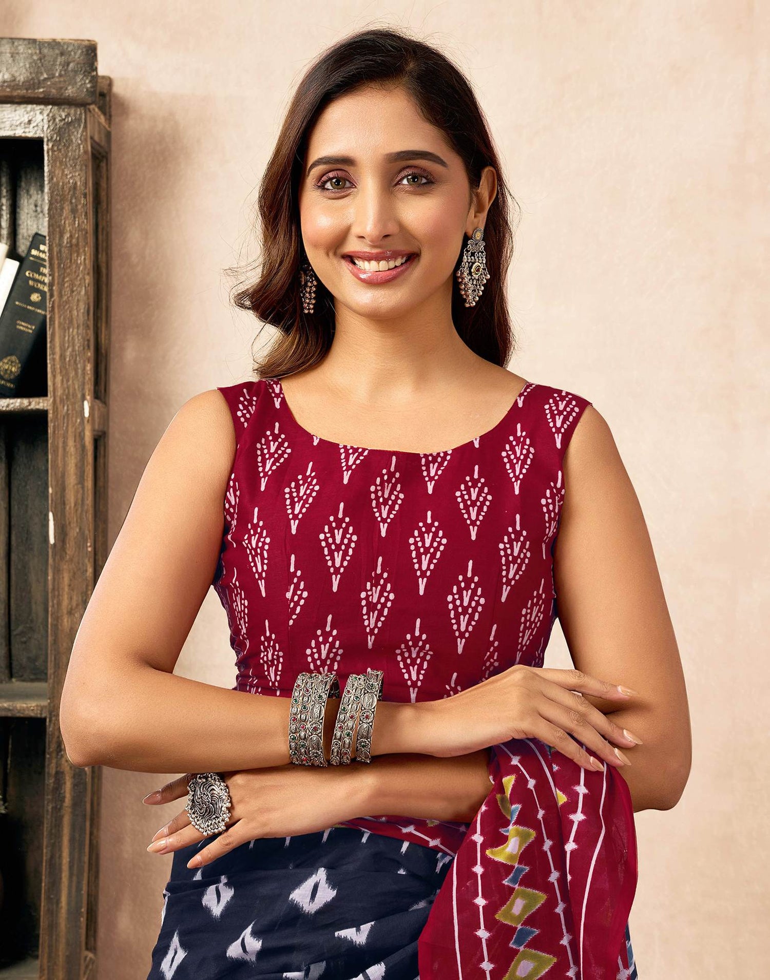 Ready To Wear Navy Blue Cotton Printed Saree