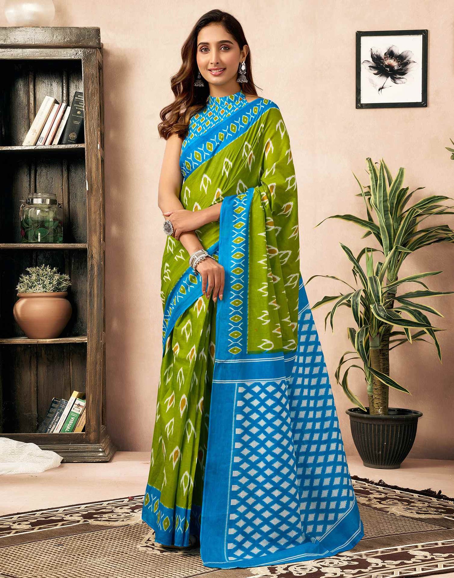 Ready To Wear Parrot Green Cotton Printed Saree
