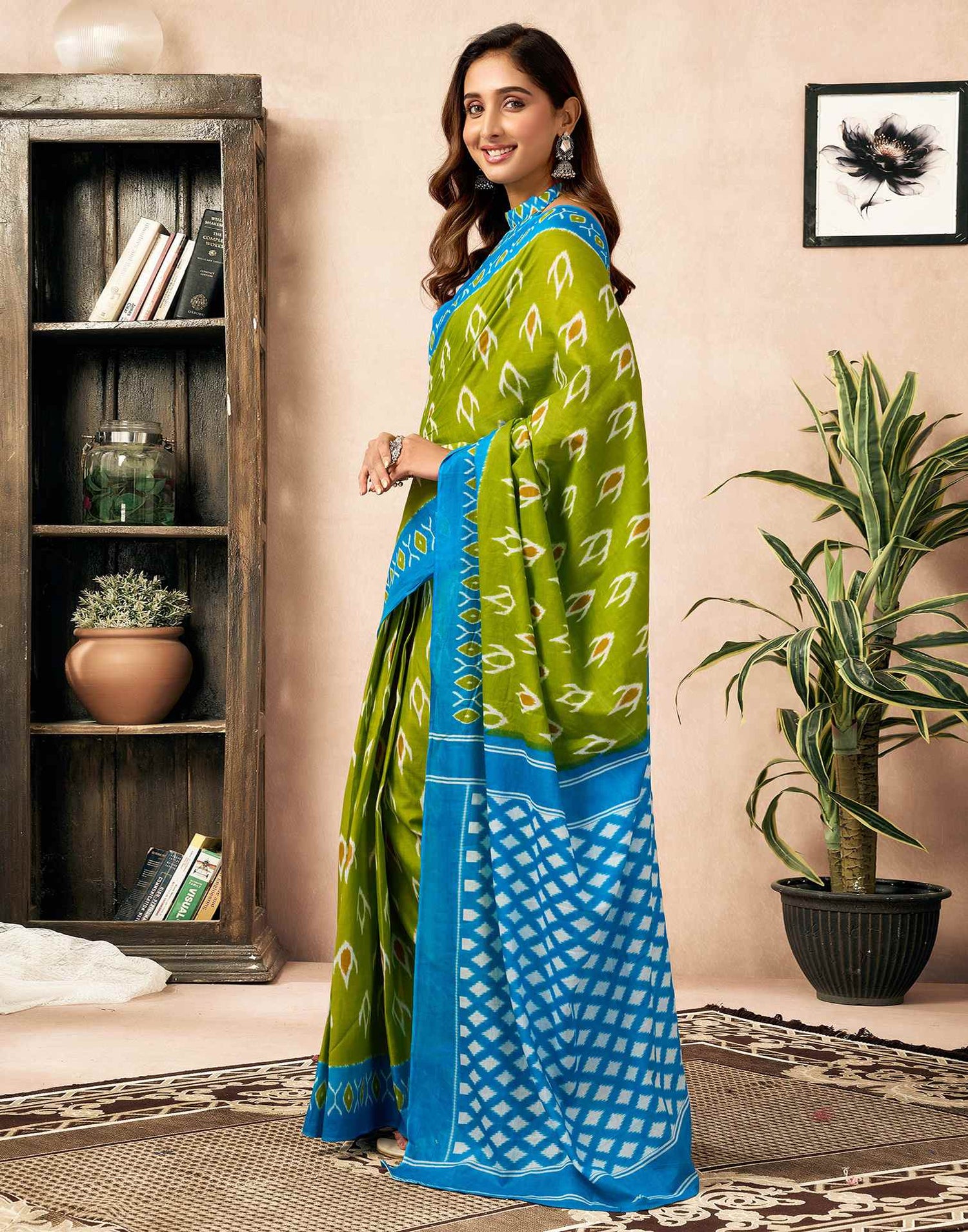 Ready To Wear Parrot Green Cotton Printed Saree