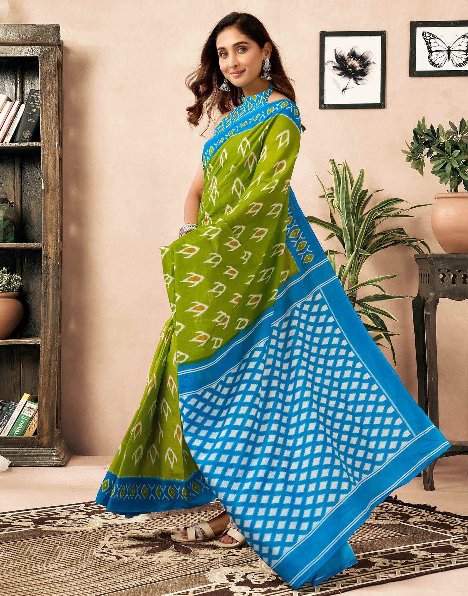 Ready To Wear Parrot Green Cotton Printed Saree