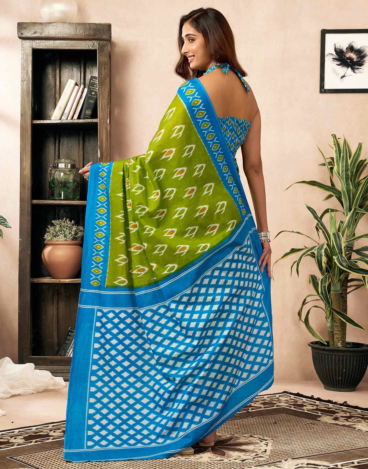 Ready To Wear Parrot Green Cotton Printed Saree
