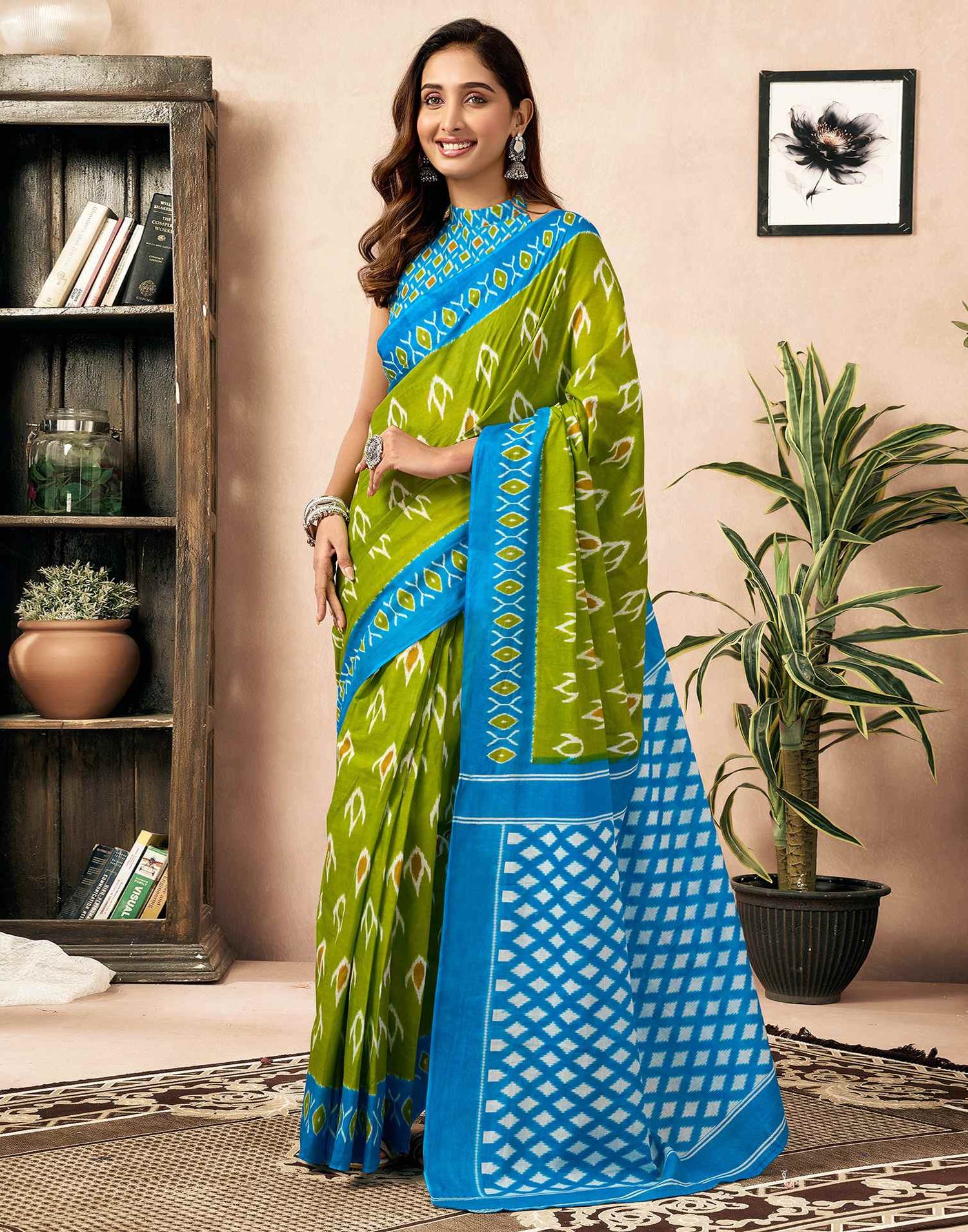 Ready To Wear Parrot Green Cotton Printed Saree