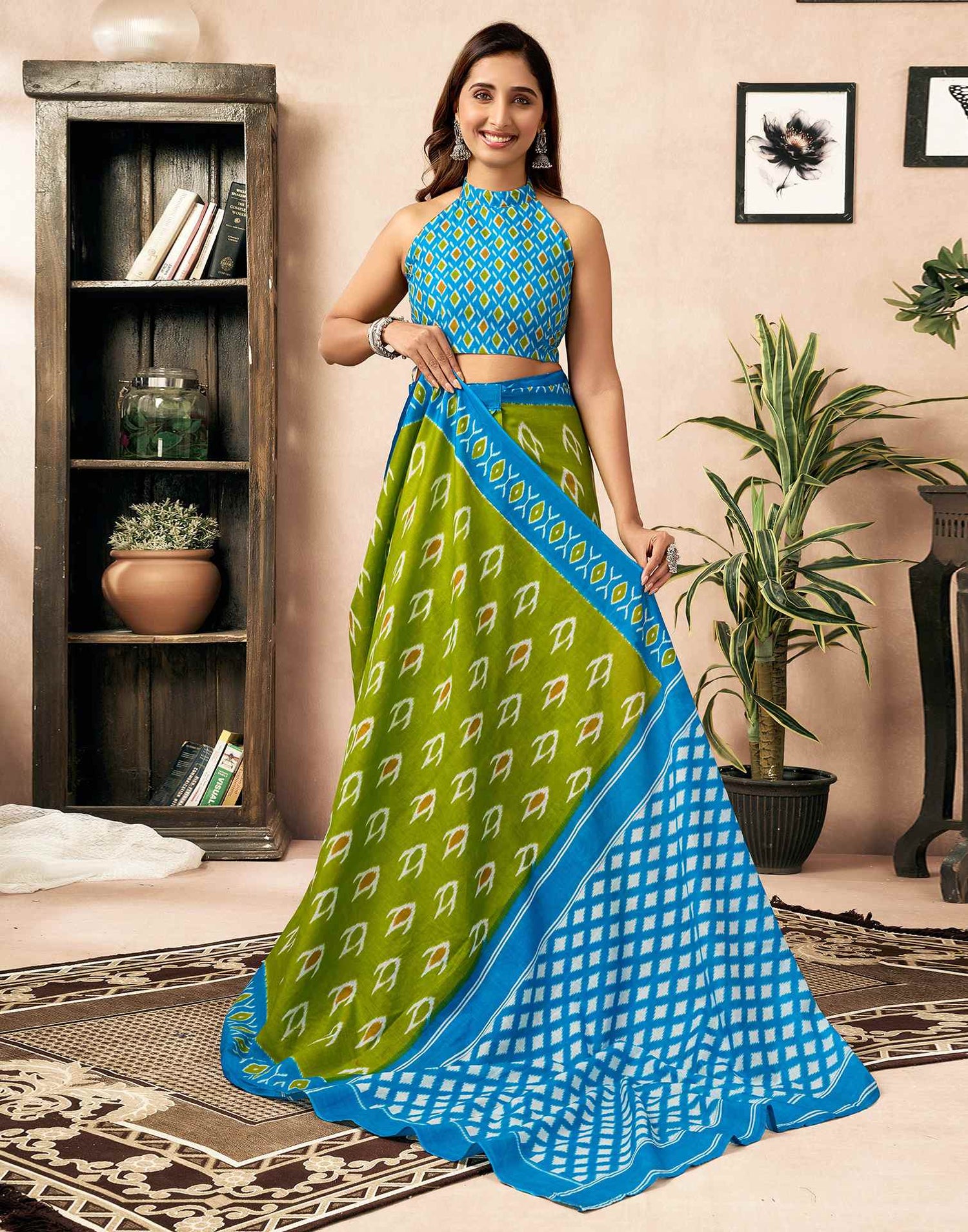 Ready To Wear Parrot Green Cotton Printed Saree