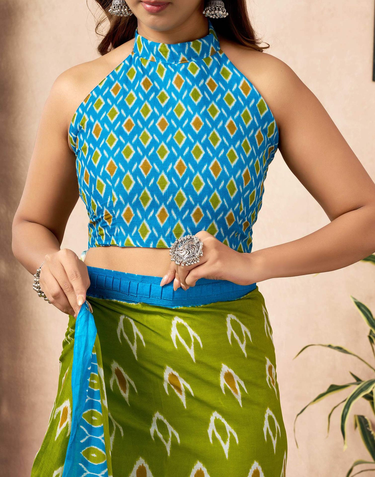 Ready To Wear Parrot Green Cotton Printed Saree