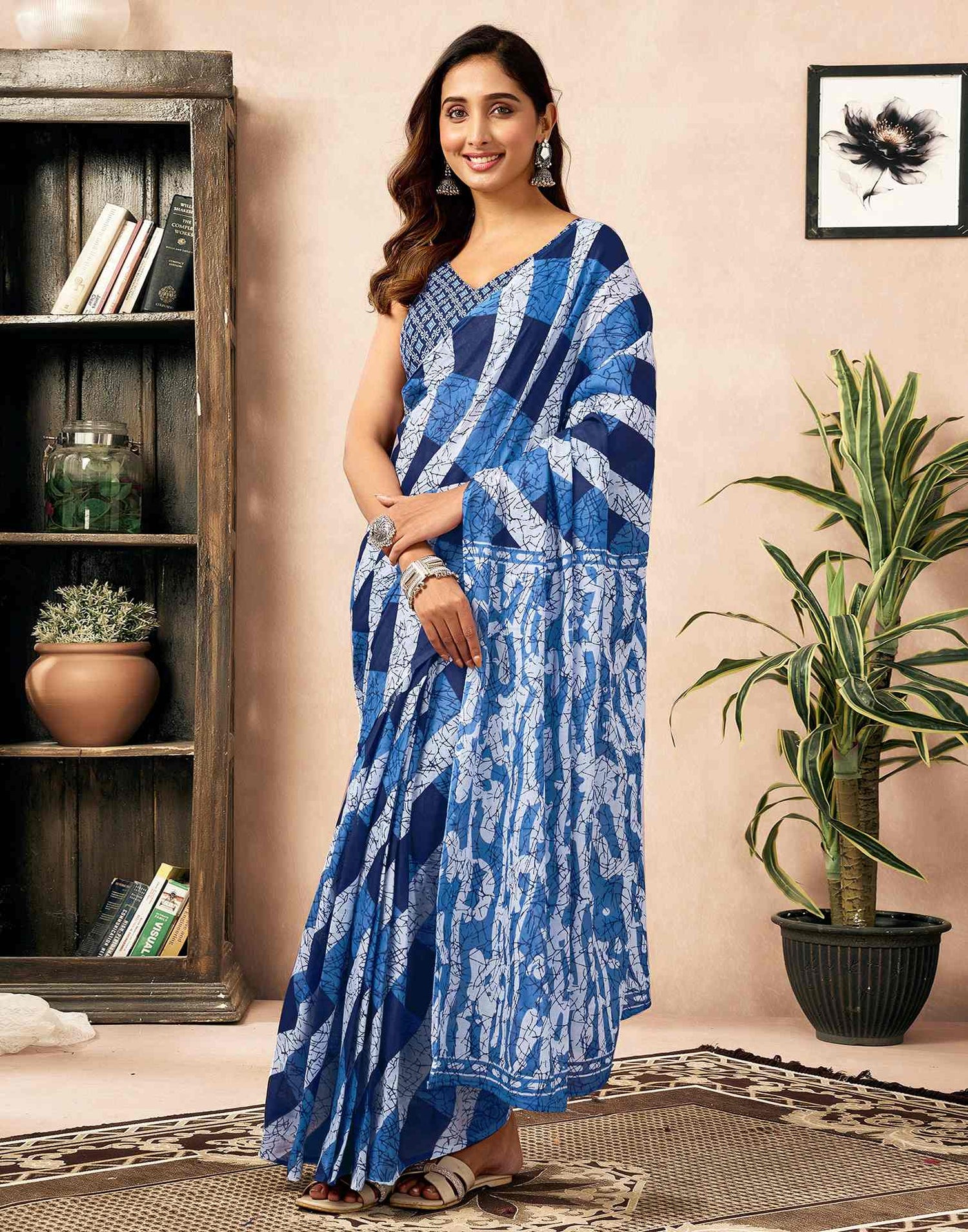 Ready To Wear Blue Cotton Printed Saree With Pocket