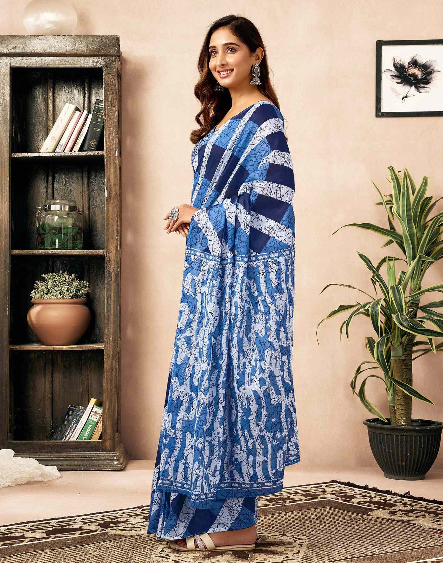 Ready To Wear Blue Cotton Printed Saree With Pocket