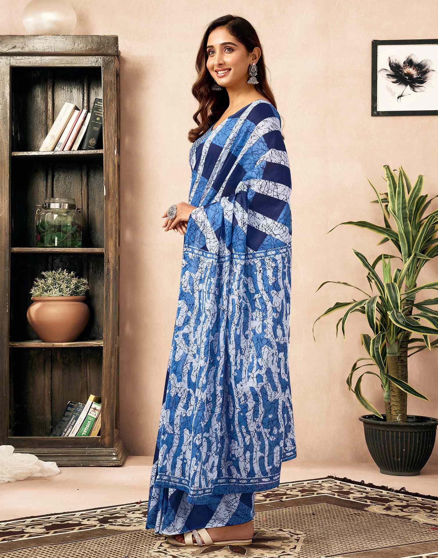 Ready To Wear Blue Cotton Printed Saree With Pocket