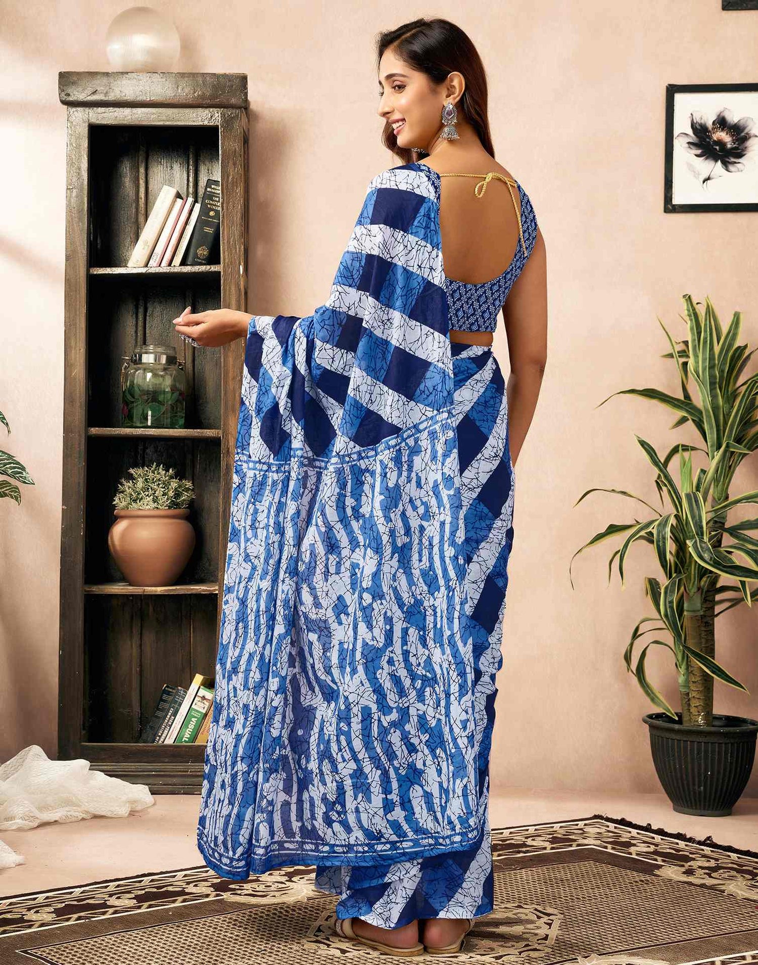 Ready To Wear Blue Cotton Printed Saree With Pocket