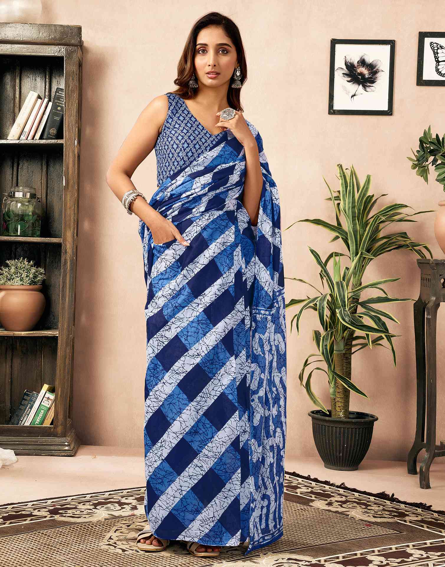 Ready To Wear Blue Cotton Printed Saree With Pocket