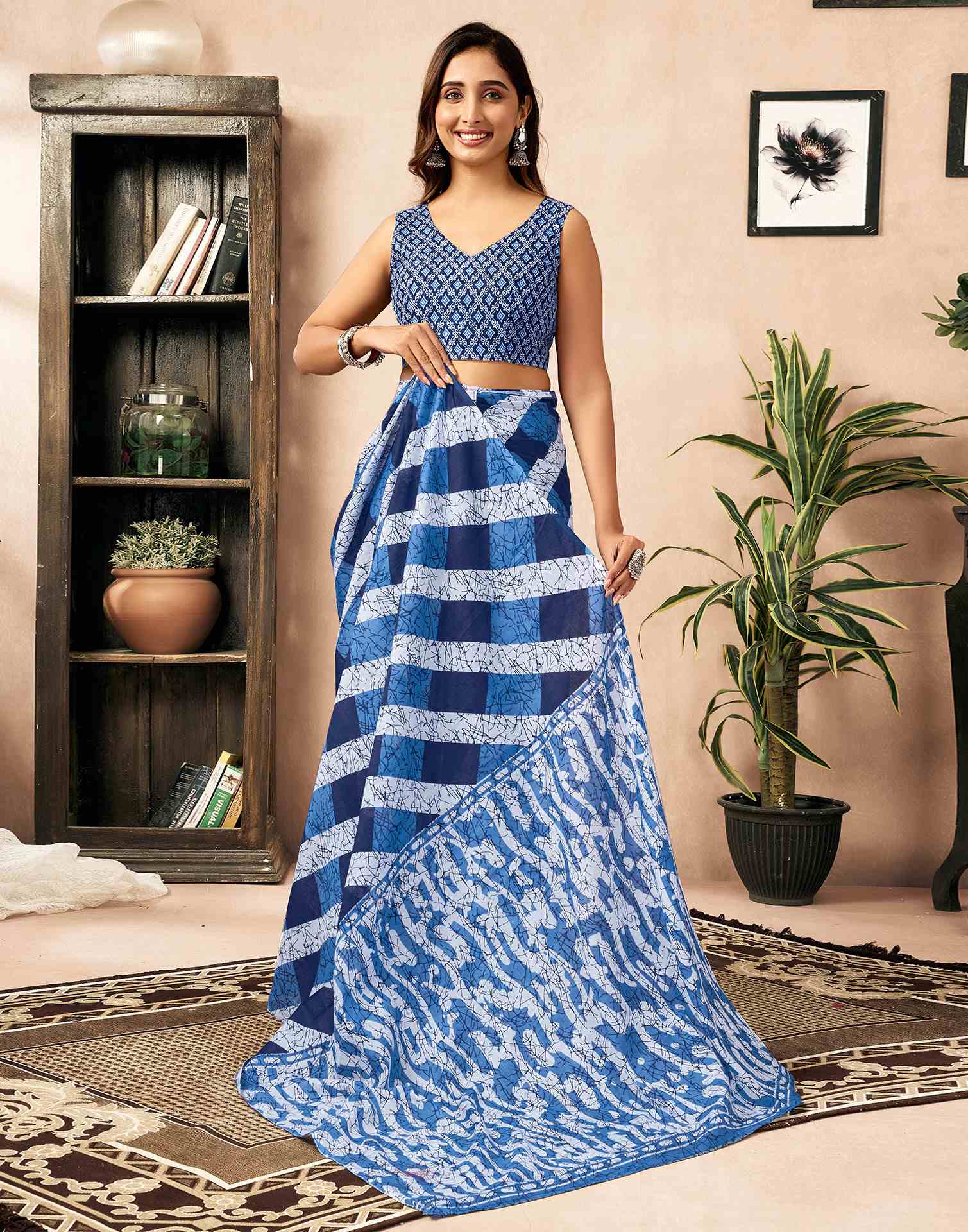 Ready To Wear Blue Cotton Printed Saree With Pocket