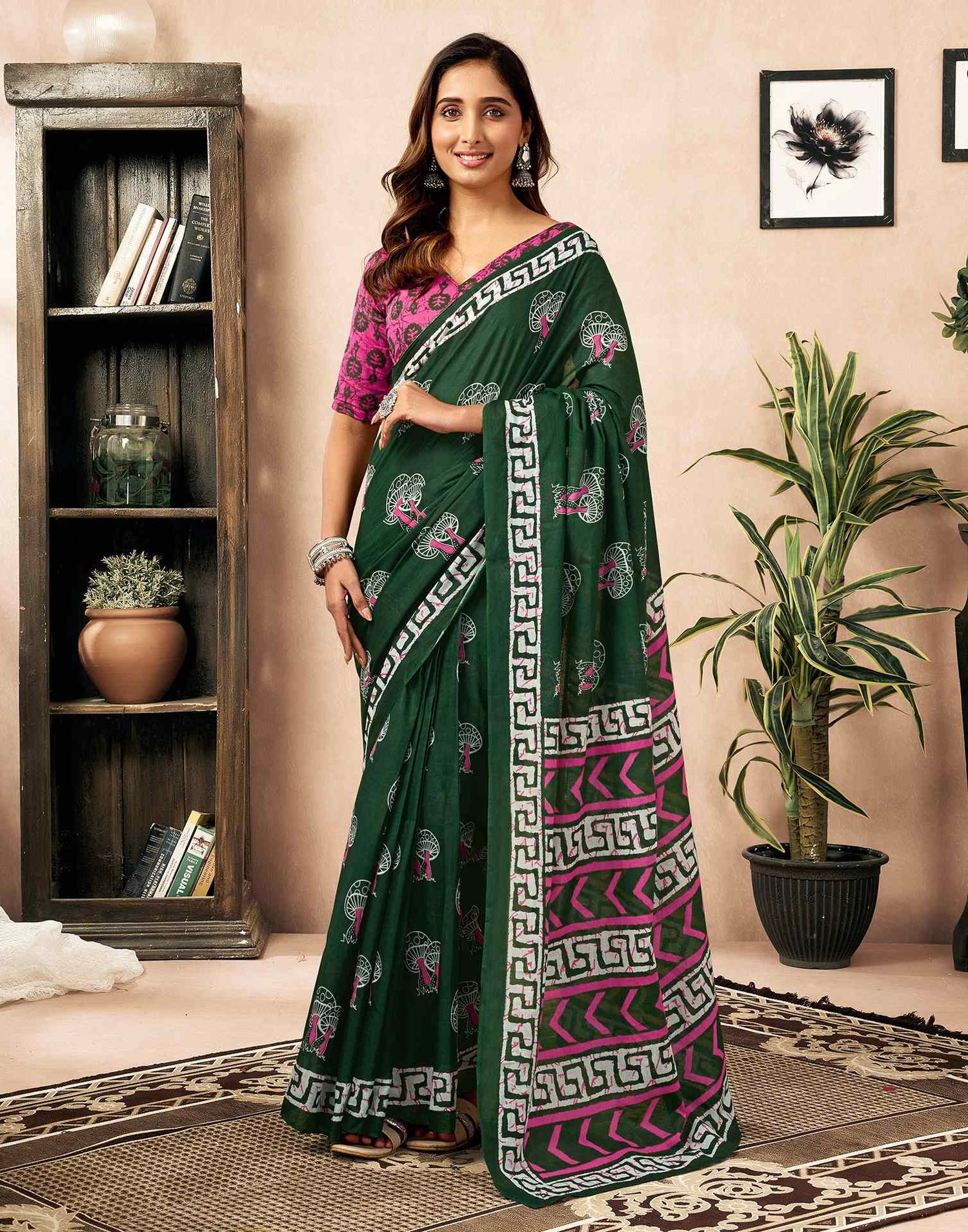 Ready To Wear Green Cotton Printed Saree With Pocket