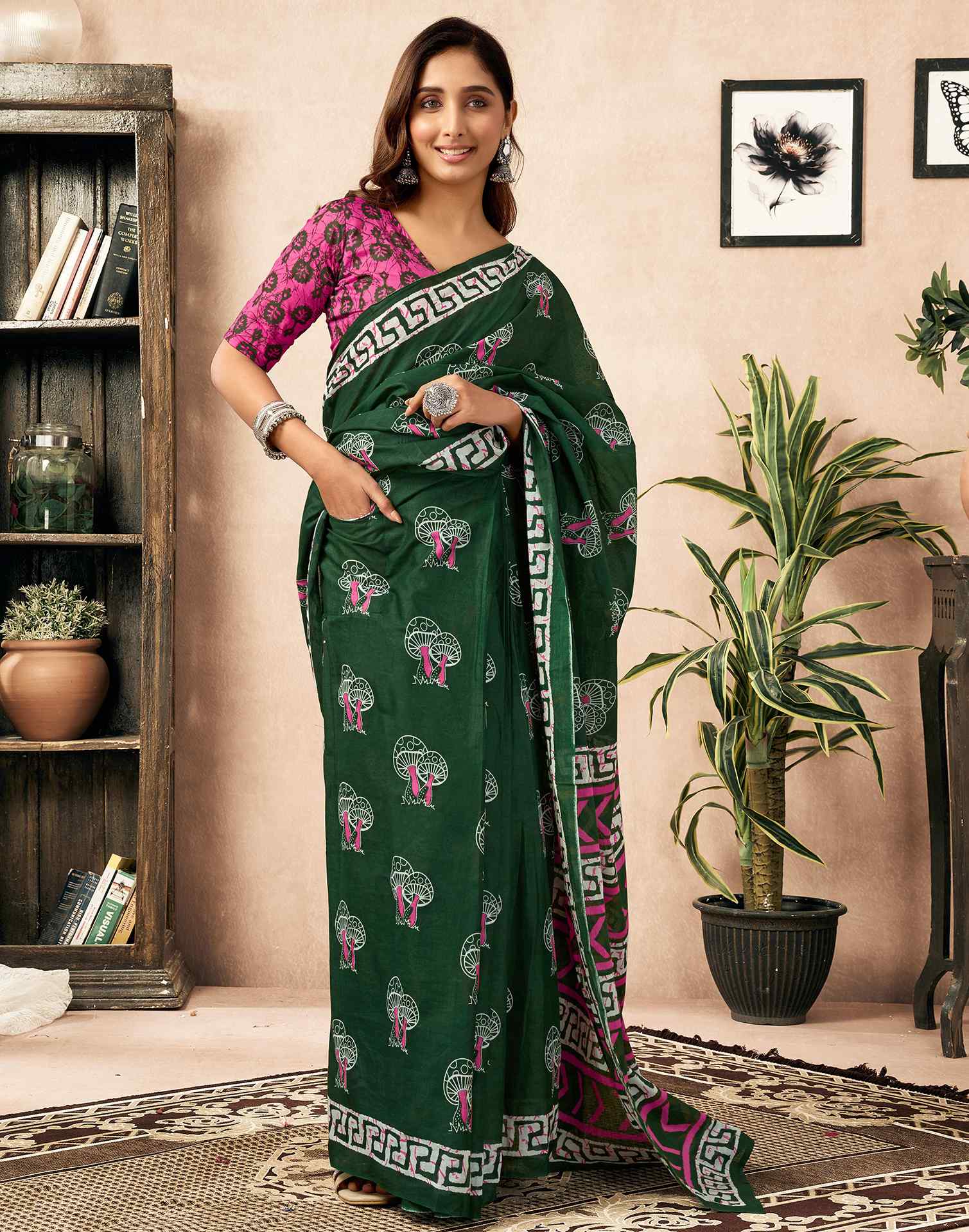 Ready To Wear Green Cotton Printed Saree With Pocket